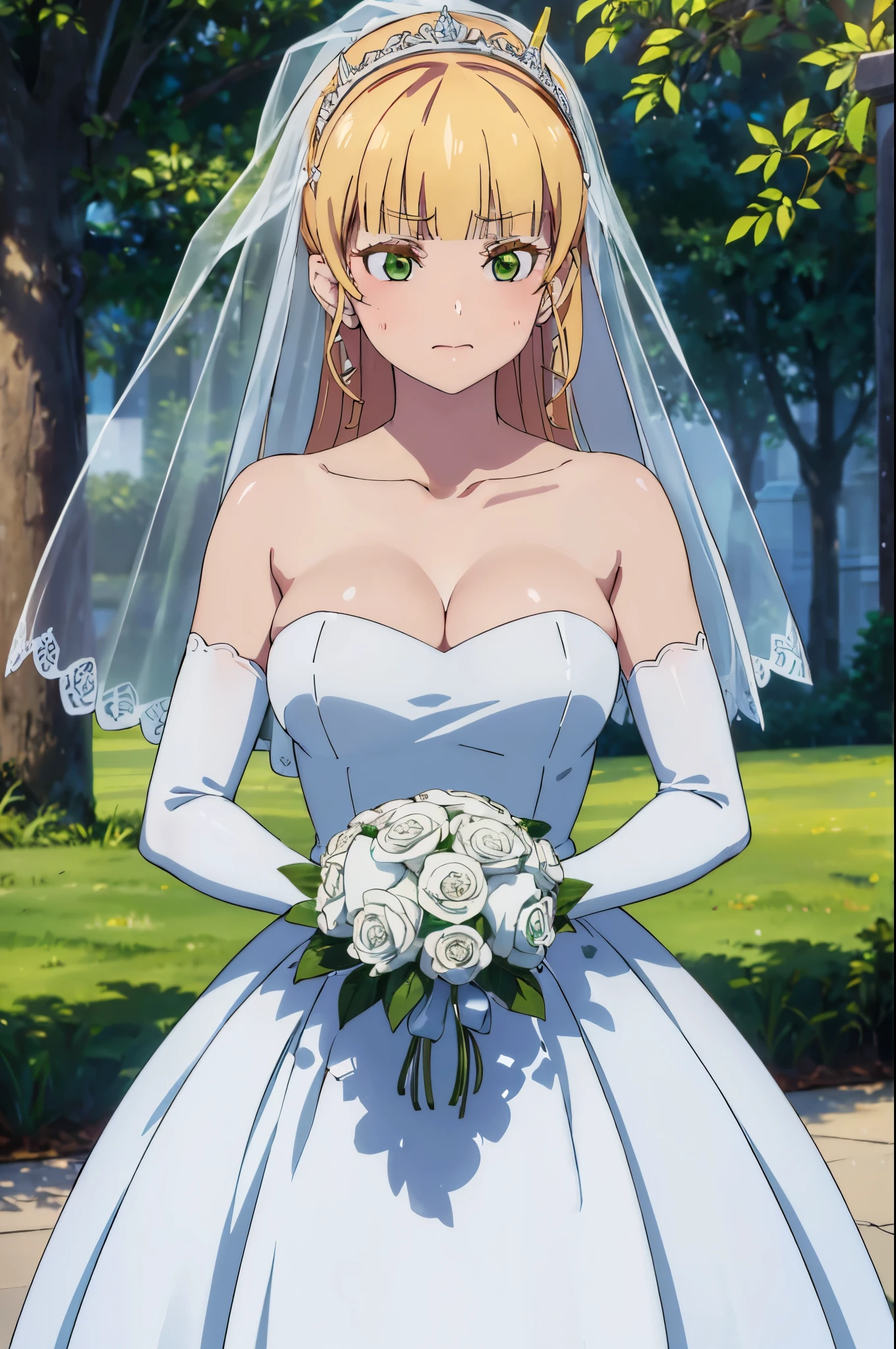 (((Pixel perfect, Perfect details))), alone, 1 girl, pansy henna, Close-up of beautiful bride wearing beautiful wedding dress,Gurwitz,(bridal veil:1.5),(Transparent short veil:1.5),Blushing face,Head flower,headgear,(tube top wedding dress:1.5),(Silk dress:1.2),(Strapless wedding dress:1.5),pure white dress,necklace,earrings,(large breasts:1.3),Deep V peach heart collar wedding dress,Bangs,lipstick,(lace gloves:1.3),whole body照,High detail RAW color art,Long white dress,whole body,Place your hands behind your back,