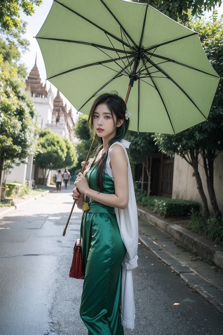 21yo girl, green hair,Old city of Bagan, background,She is wearing Myanmar Traditional outfit.longyi, slippersand hold Pathein umbrella.