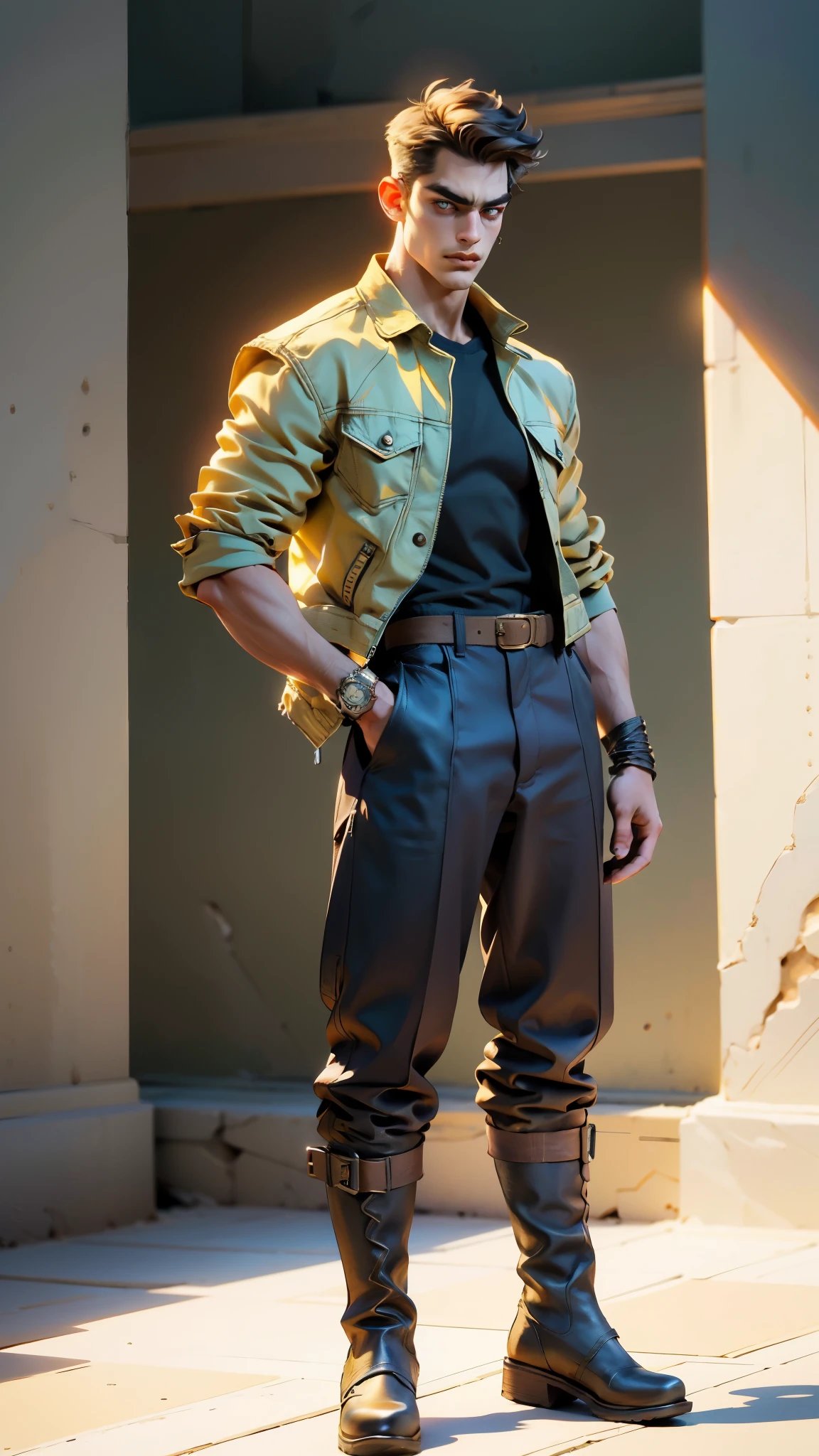 In the backdrop of an ancient fantasy-reality setting, a youth sporting a platinum crew cut displays a piercing gaze and confident demeanor. Adorned in a two-piece fusion outfit, seamlessly blending Western and Eastern influences, he wears a snug dark top paired with a vibrant yellow-blue short jacket. The lower half features loose white utility pants, and his sturdy long boots echo through the corridors of an antiquated architectural landscape. The overall aesthetic captures the essence of a refined and mature anime-inspired rogue, symmetrical face, extremely detailed eyes and face, high quality eyes, high definition, highres, ultra-fine painting, exquisite and mature, extremely delicate, professional, anatomically correct, creativity, UHD, HDR, 32k, Natural light, cinematic lighting, best shadow, masterpiece-anatomy-perfect, best quality, masterpiece, ultra-detailed