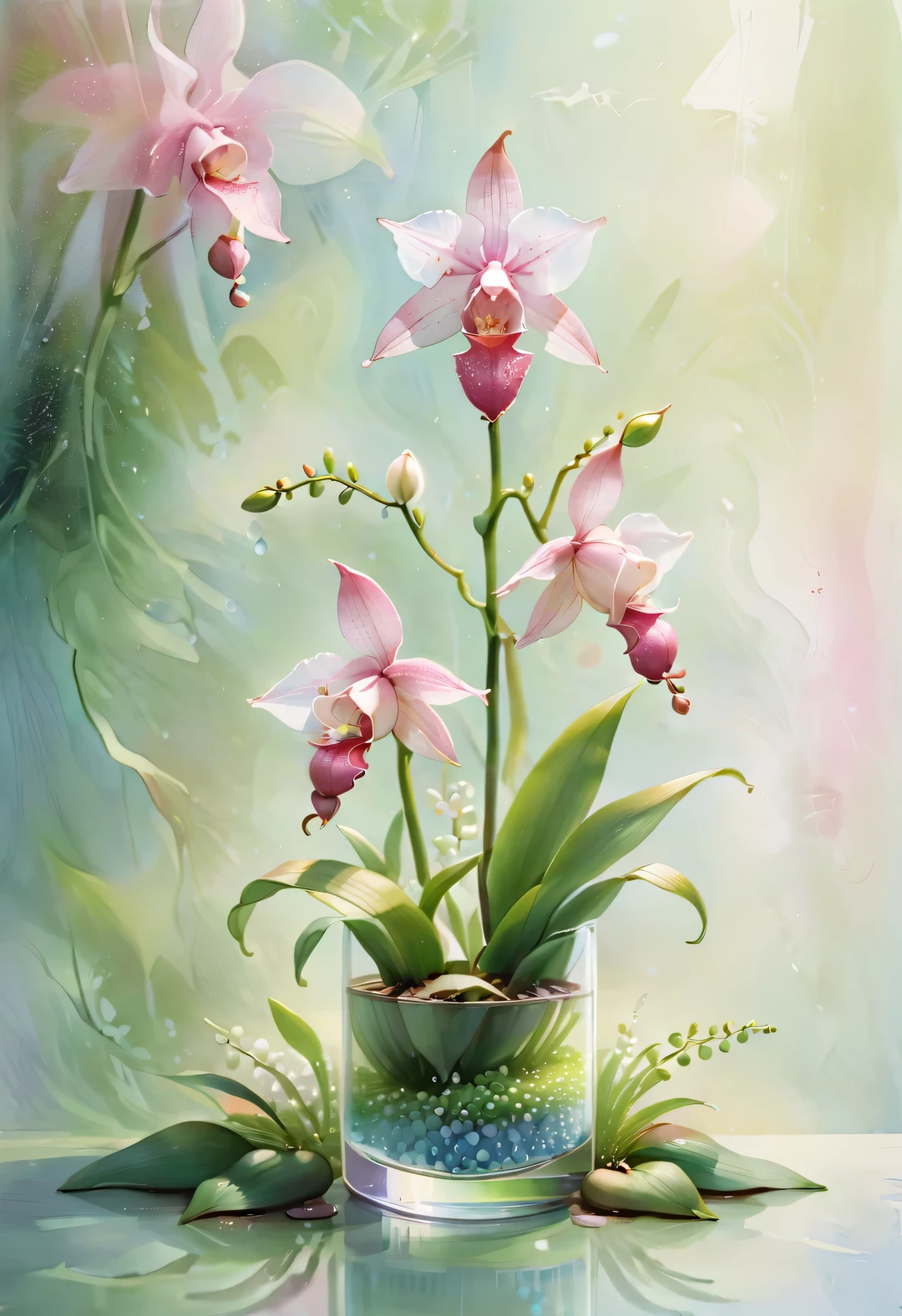 (Tall watercolor close-up, upward growing bell orchid inserted in A small glass), A small glass,lily of the valley green, white, and pink watercolor painting, minimalist, masterpiece, Pointillism, style, image, dreamlike, otherworldly, impossible, exaggerated, hazy atmosphere, Charming atmosphere, mysterious atmosphere, Quixel Megascans rendering, Unreal Engine, high detail, Super quality, high resolution, 16k, Large close-up, beautiful lights,