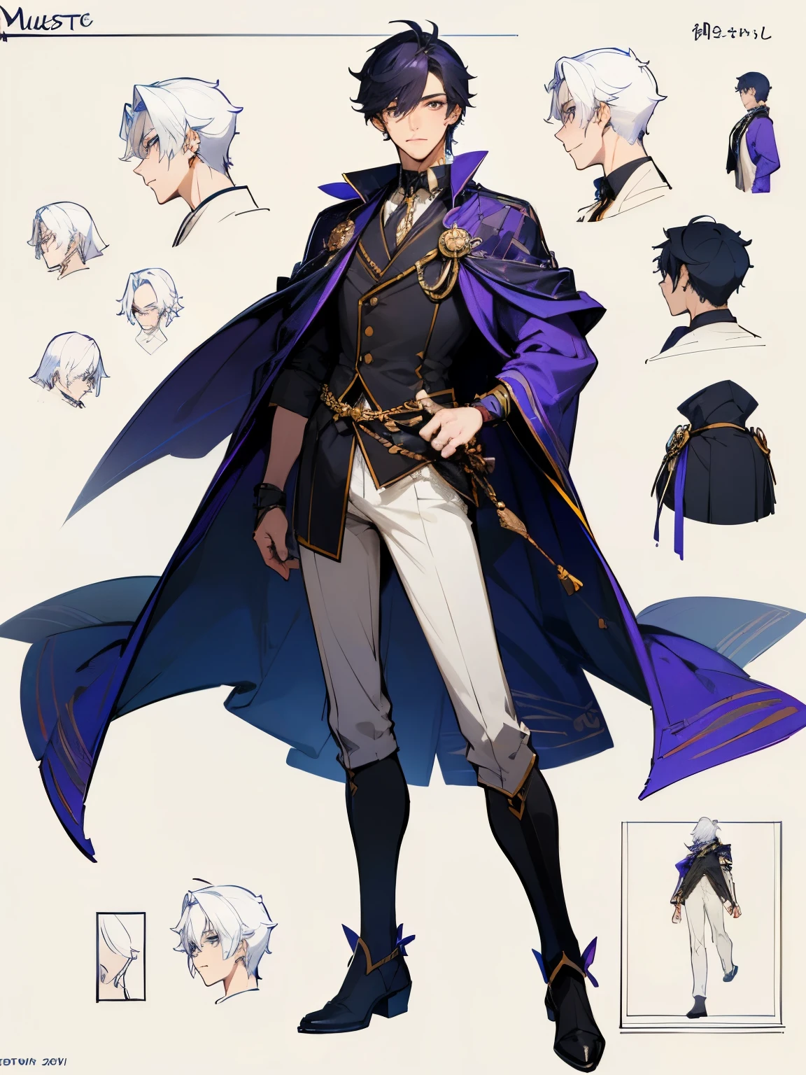 (best quality)), ((muste piece)), perfect face,1 male,20代の男性,Handsome guy,solo,Costumes with decorations,Detail Costume,concept art,キャラクターのconcept art,Character Sketch,Reference Sheet,Roll Table,(simple background,white background: 1.3)