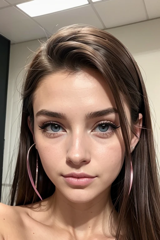 Belle fille, Marron_eyeeautiful mince adolescente de 18 ans, cheveux color [Brown highlights cheveux], [Pixie undercut] cheveux)), boucles d’oreilles, lèvres, Réaliste, taille étroite, charmant, pink lèvrestick, maquillage coloré, Cils longs, boucles d’oreilles, porter de l’eye-liner, peau claire, (mignon), (face détaillée), Yeux détaillés, Iris détaillé, corp magnifique, corps athlétique, abdominaux prononcés sur l&#39, à genoux