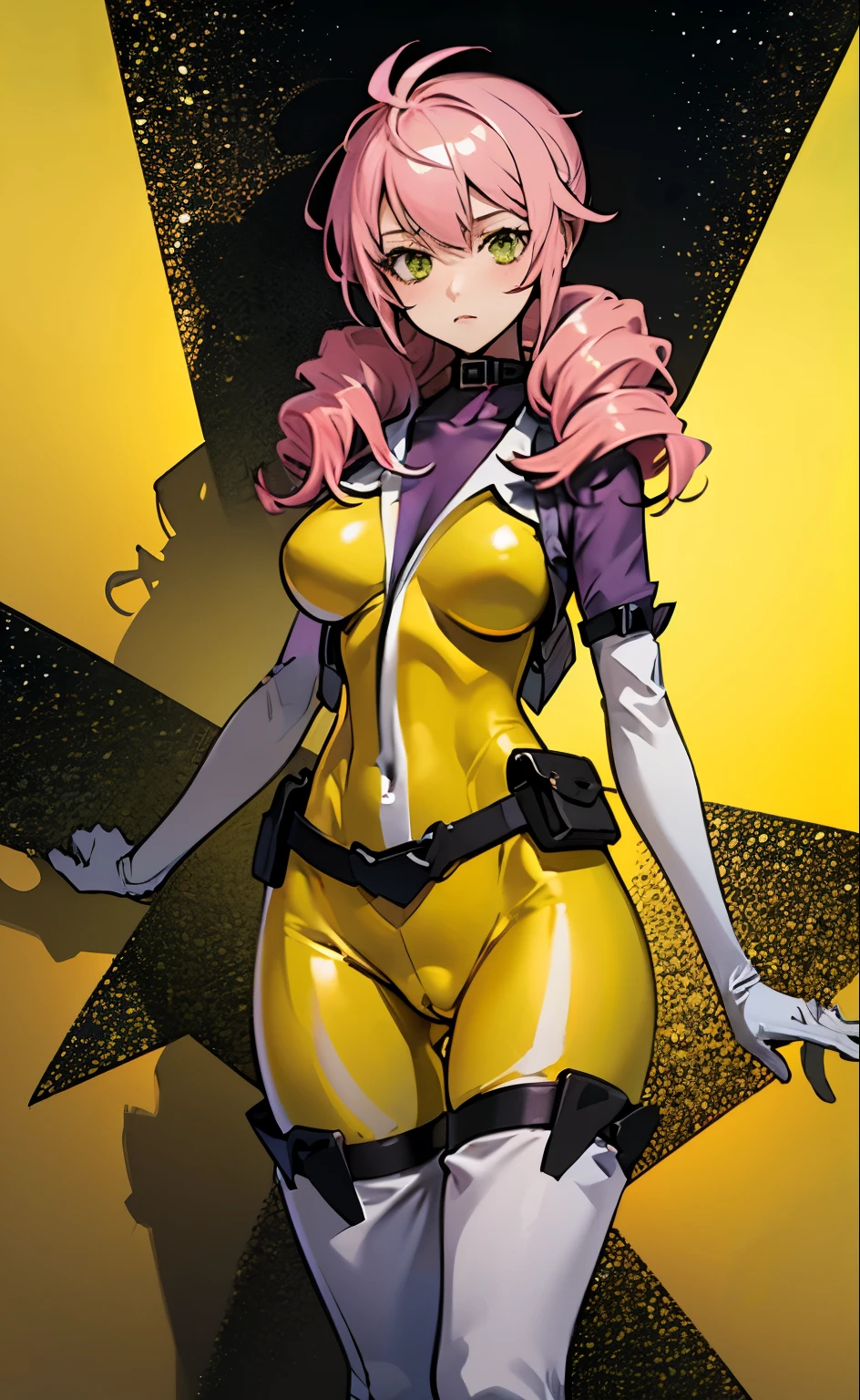 masterpiece, best quality, 1girl, drill hair, pink platinum hair, ((yellow bodysuit:1.4)), ((white collar)), gray gloves, slender waist, wide hips,