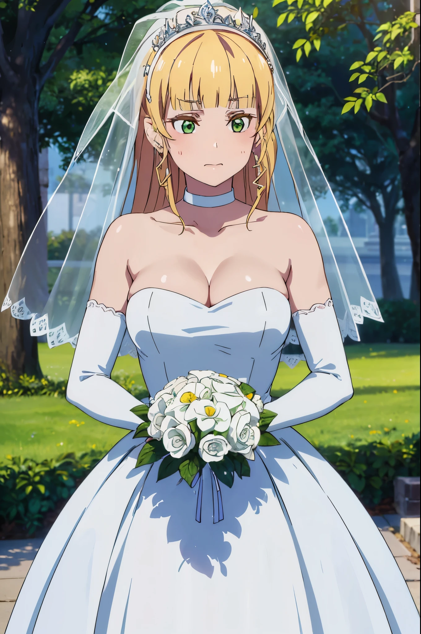 (((Pixel perfect, Perfect details))), alone, 1 girl, pansy henna, Close-up of beautiful bride wearing beautiful wedding dress,Gurwitz,(bridal veil:1.5),(Transparent short veil:1.5),Blushing face,Head flower,headgear,(tube top wedding dress:1.5),(Silk dress:1.2),(Strapless wedding dress:1.5),pure white dress,necklace,earrings,(large breasts:1.3),Deep V peach heart collar wedding dress,Bangs,lipstick,(lace gloves:1.3),whole body照,High detail RAW color art,Long white dress,whole body,Place your hands behind your back,