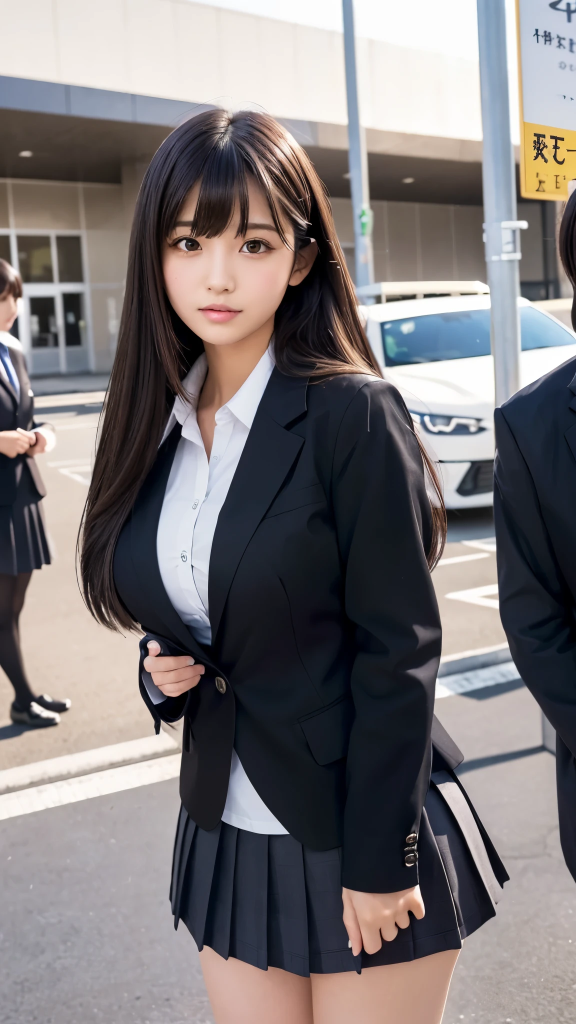 ((best quality)), ((muste piece)), (detailed breasts), (highlight), perfect face、Young girl highlighting large breasts with detailed face、Long, thick, glossy, beautiful black hair with blunt bangs、solid color background、Standing student council president wearing blazer and miniskirt school uniform Japanese high school girl