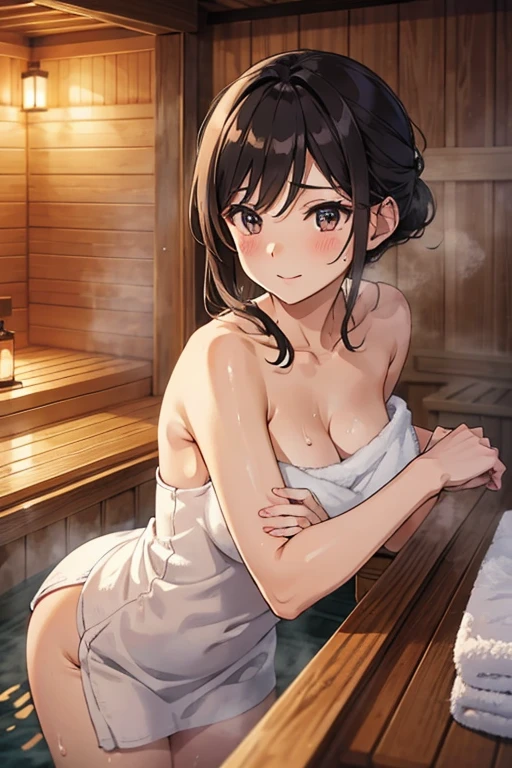 sauna、beautiful mature woman、bath towel、