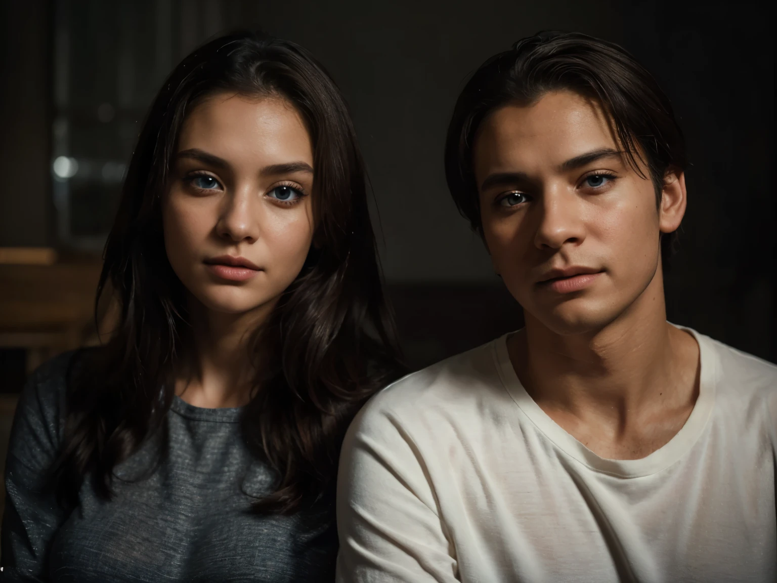 Una pareja, the girl with her hands on the man's chest looking into his eyes , la chica de ojos verdes y el de ojos marrones, On the other side another couple in the same position but the girl had light brown eyes and the boy had blue eyes and blonde.