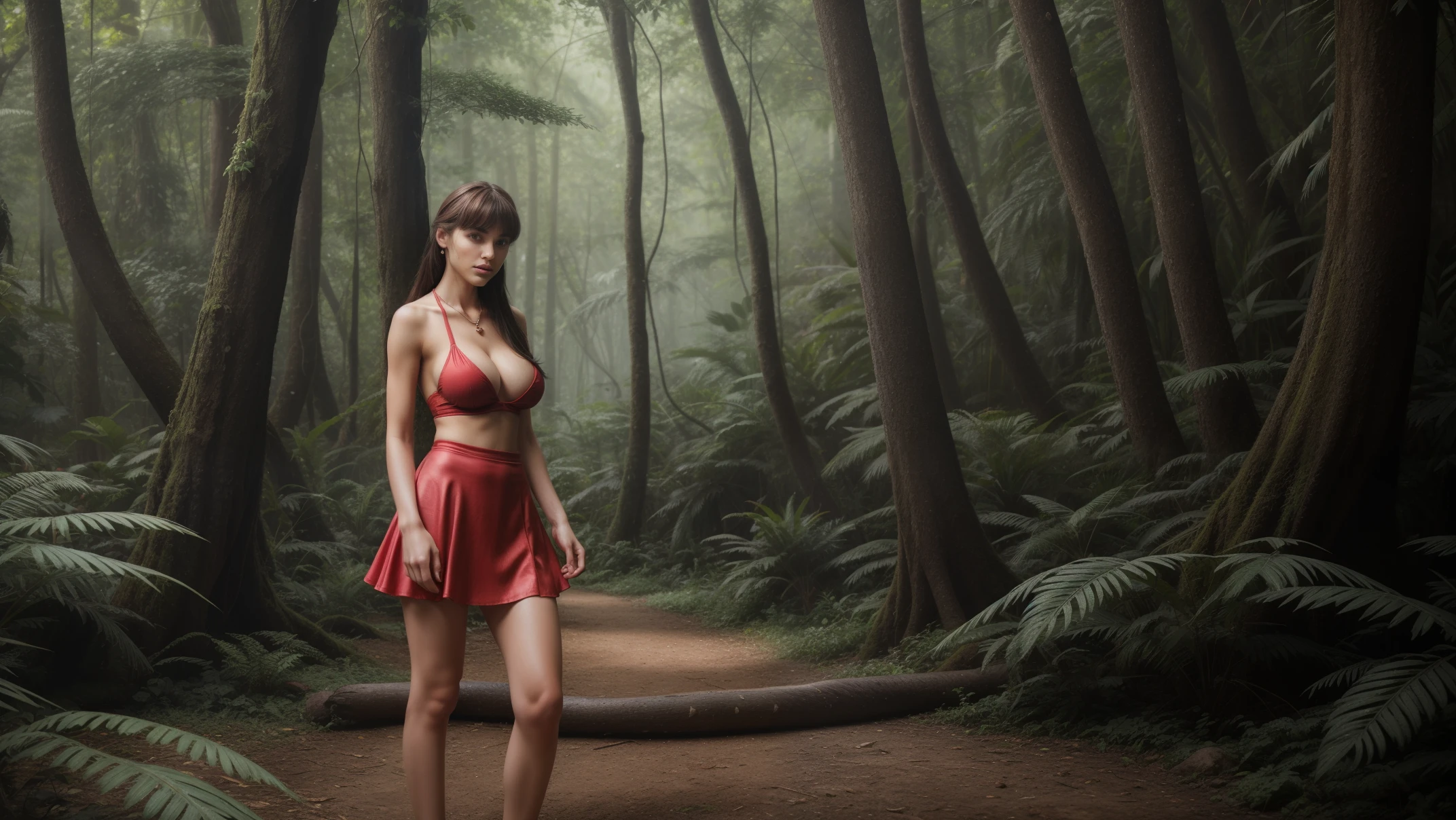 ((a  girl ((alone:2)) in the forest)),((upper-body:1.8, cinematic-shot)),(best quality,4k,8k,highres,masterpiece:1.2),ultra-detailed,(realistic,photorealistic,photo-realistic:1.37),(beautiful and aesthetic:1.2),(film grain:1.3). 

[(1girl:1.1),(solo:1.1),((1 person:1.1)),(17years-old:1.4),[Raiana-Elizabeth-Dilla:2.5],pearl skin,(skin pores:1.1),beautiful detailed eyes,beautiful detailed lips,extremely detailed eyes,longeyelashes,extremely detailed face and skin texture,(skin texture:1.1),long wavy black hair,tall and slender body,(192cm tall),thin and delicate figure,graceful posture,defined abs,perfect curves,feminine appearance,((beautiful long legs:1.2)),embodying elegance and beauty,(cleavage breasts),((large breasts:1.6)),((vaginal cleavage)),(shiny skin),((sharp focus:1.5)),clear eyes]. 

[(wearing a sexy ((red) tops:1.5) with ((red) ultra-short miniskirt:1.5)), extremely detailed and realistic (red) clothes, (earringeathers:1.5), (necklace:1.5), ((casual fashion style:1.8)), ((looking at viewer:1.8)),(queen tattoos on the chest)].

[lush green foliage,thick undergrowth,towering ancient trees,exotic wildlife,vibrant colors,sunlight filtering through the canopy,mist and humidity,hidden treasures,jungle sounds,serene atmosphere,natural beauty,deep shadows,abundant plantlife,diverse ecosystem,unexplored wilderness,adventure,exploration,pristine environment,mysterious aura,lush vegetation,overgrown vines,dappled light,canopy walkway,hidden paths,emerald green ferns,unseen creatures,rare flowers,primal wilderness,balance of life,constant movement,dense foliage,peaceful tranquility,wilderness retreat,unspoiled paradise,prehistoric ambiance,magical realm,untamed beauty].

Official art,natural lighting,deep shadow,angelic ethereal beauty,award-winning photography,natural photography,professional photography,depth-of-field,bokeh.