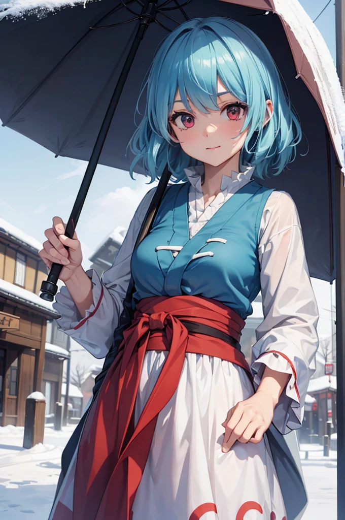 ((best quality)), ((masterpiece)), (detailed), perfect face, Kogasa Tatara, Touhou Project, 1girl, winter, snow, japan, blue and red eyes, outside of a store, holding an umbrella