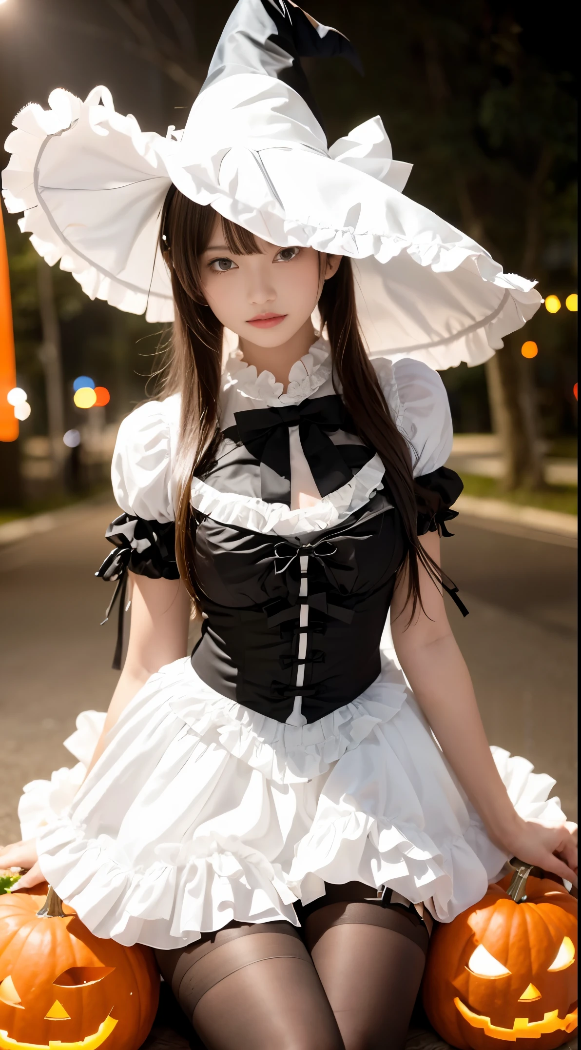 (masutepiece, Best Quality:1.2), 8K, 18year old, 85 mm, Official art, Raw photo, absurderes, White dress shirts, Pretty Face, close up, Upper body, violaceaess, gardeniass, Beautiful Girl, (Detailed Halloween costumes with frills,Witch Hat:1.3),(model poses:1.3), Cinch West, thighs thighs thighs thighs, Short sleeve, On the street at night, Looking at Viewer, No makeup, (Smile:0.4), Film grain, chromatic abberation, Sharp Focus, face lights, clear lighting, , Detailed face, Bokeh background、small tits、slim figure