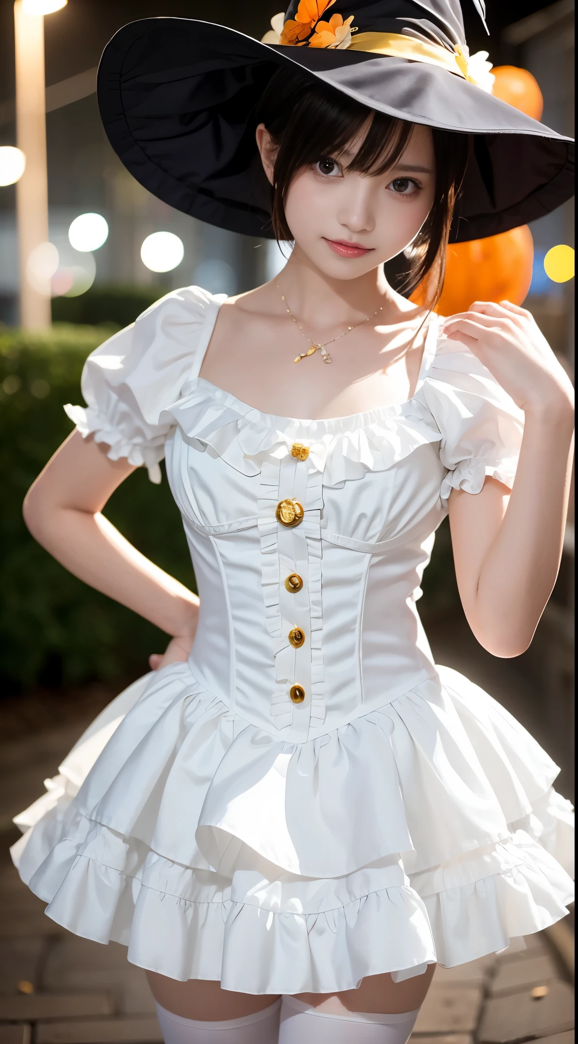 (masutepiece, Best Quality:1.2), 8K, 18year old, 85 mm, Official art, Raw photo, absurderes, White dress shirts, Pretty Face, close up, Upper body, violaceaess, gardeniass, Beautiful Girl, (Detailed Halloween costumes with frills,Witch Hat:1.3),(model poses:1.3), Cinch West, thighs thighs thighs thighs, Short sleeve, On the street at night, Looking at Viewer, No makeup, (Smile:0.4), Film grain, chromatic abberation, Sharp Focus, face lights, clear lighting, Teen, Detailed face, Bokeh background、small tits、slim figure