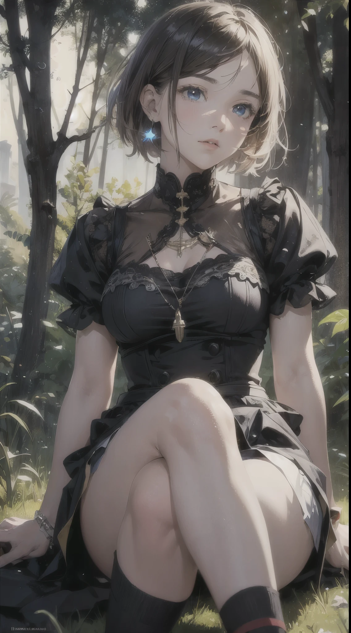 girl with, sit on it, side shot, (Sky:1.3), (Masterpiece, quality, Near and far law, depth of field:1.5), Floral fragrance, Rocky mountains, forest, beautiful face, thighs thighs thighs thighs, from below, 8k, original photo, absurd, Impressionism, (Tom Thomson, Claude Monet, Joaquin Sorolla, James Wilson Morris, Jon Fabian Aluson, Hugh Henry Breckenridge:0.8), human development report, Realism, film particles, Color difference, high resolution, Super detailed, fine details, dynamic lighting, dramatic lighting、gloomy、Sharp focus on highly detailed eyes and faces、sharp pupils、realistic student, (((short hair)))