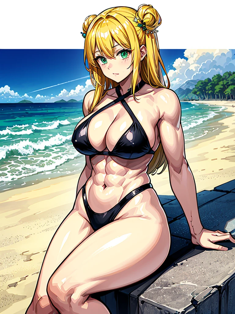 (((masterpiece、Highest image quality、highest quality、highly detailed unity 8kwallpaper)))、((Illustration of one girl))、(((beautiful girl)))、((blonde、two side up、sidelocks:1.6、green eyes))、(((tall:1.4、stocky build:1.9, thickset physique:1.7, muscular legs:1.4, broad shoulders:1.7, solid chest:1.7)))、swimsuit、sandy beach