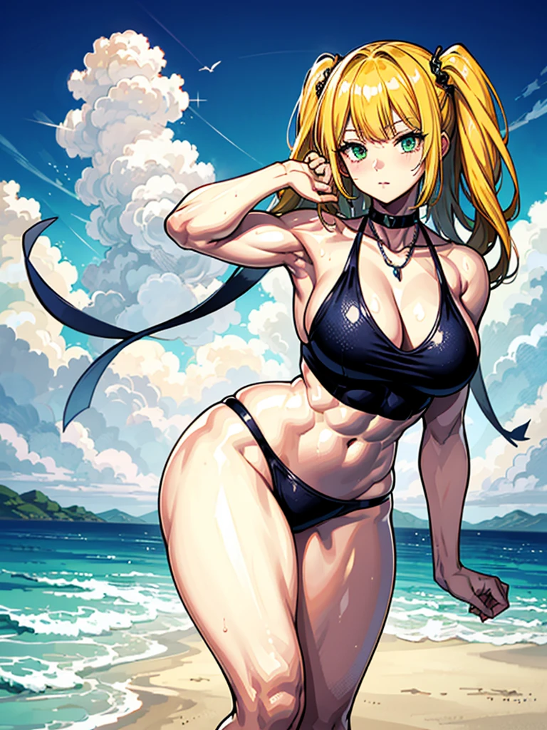 (((masterpiece、Highest image quality、highest quality、highly detailed unity 8kwallpaper)))、((Illustration of one girl))、(((beautiful girl)))、((blonde、two side up、sidelocks:1.6、green eyes))、(((tall:1.4、stocky build:1.9, thickset physique:1.7, muscular legs:1.4, broad shoulders:1.7, solid chest:1.7)))、swimsuit、sandy beach