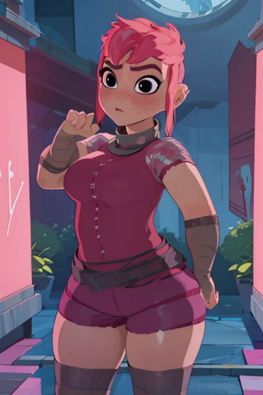 (Best quality, anime style render, ultra detailed, masterpiece, 1girl), ((((solo)))), ((rear view)), Human, female, nimona, (making a sexy pose), (with perfect hands), ((looking at viewer centered)), black eyes, (((blushing))), (pink hair), sharp, large breasts, (wide hips, thick thighs, thick legs), sharp eyes, perfect eyes, ((wearing crimson shorts, a red t-shirt, black transparent stockings)), in a street, at midnight, dark night
