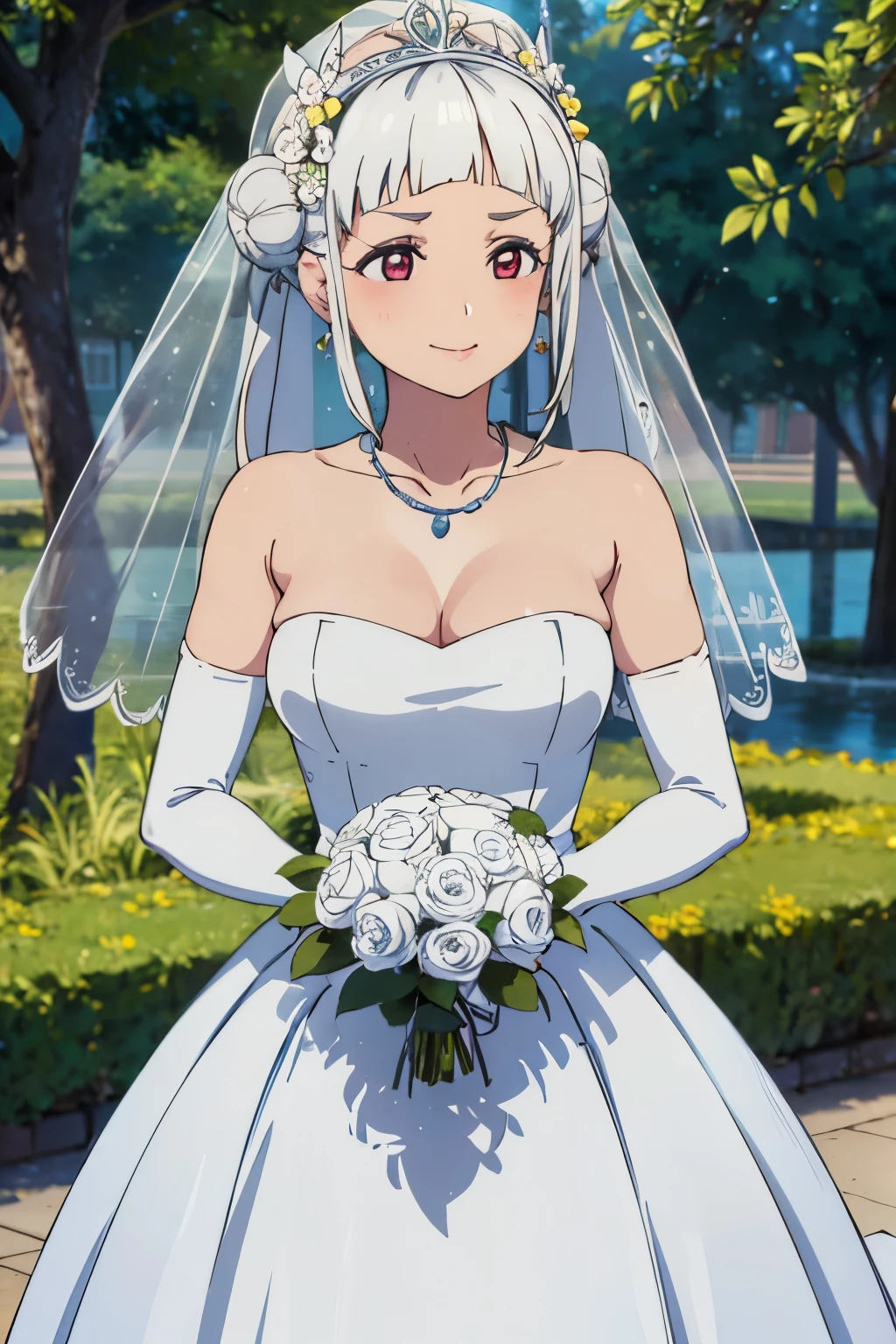 (((Pixel perfect, Perfect details))), alone, 1 girl, Lan Qianli, looking at the audience, Smile,Best quality), large breasts, delicate face, detailed eyes,Gurwitz,pillory,Head flail,hand flail,flail,(bridal veil:1.5),(short sheer veil:1.5),Blushing face,Head flower,headgear,(tube top wedding dress:1.5),pure white dress,necklace,earrings,Bangs,lipstick, standing