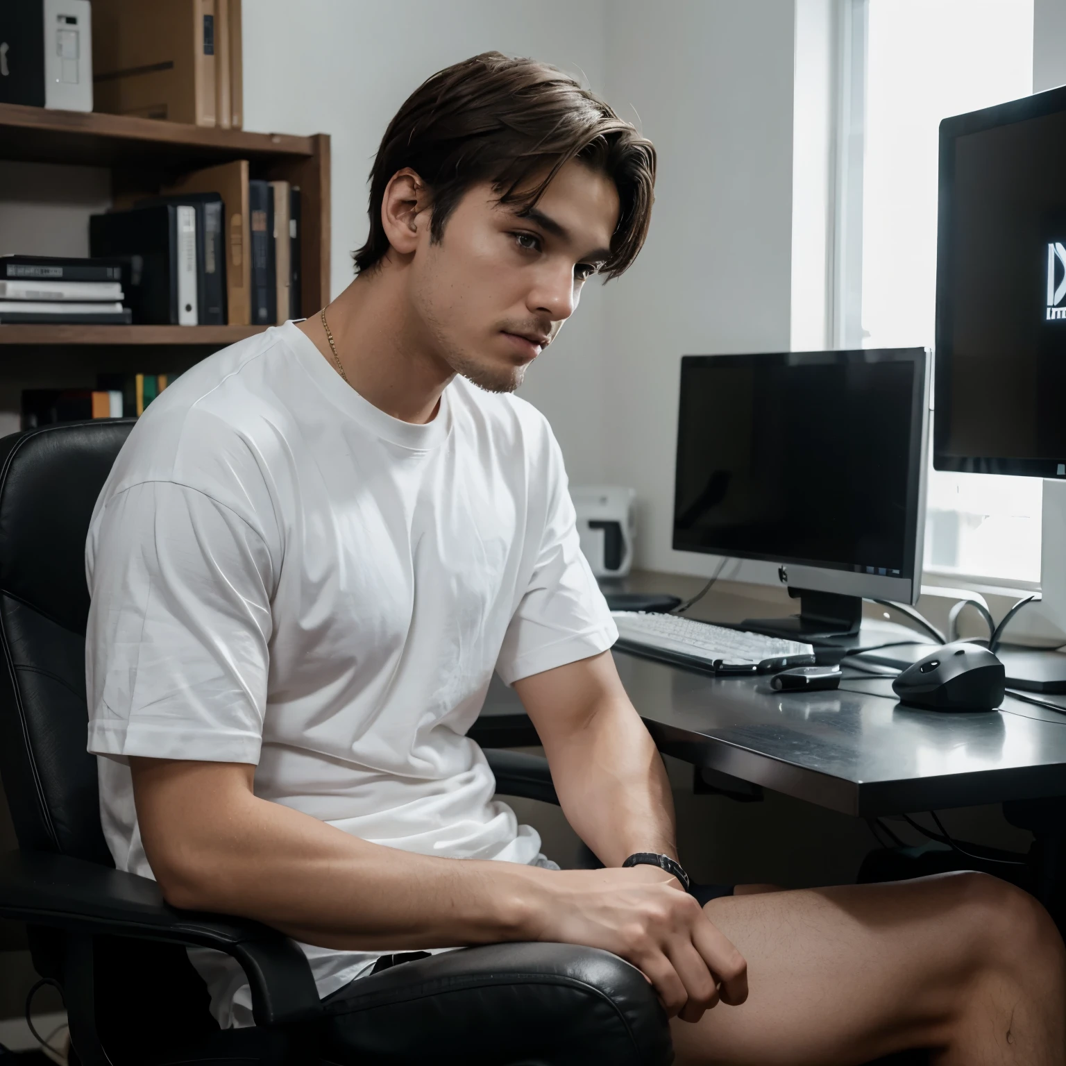 A boy was sitting inside the house. There were 3 computers behind the boy. Some html of hacking was running on the computer screen. There was RGB lighting behind the computer. The boy was sitting on a gaming chair. The boy was wearing a black watch. The age of the boy is 18. The boy was wearing a white t-shirt.He had a light beard on his face, pressure realistic photo,face highlight