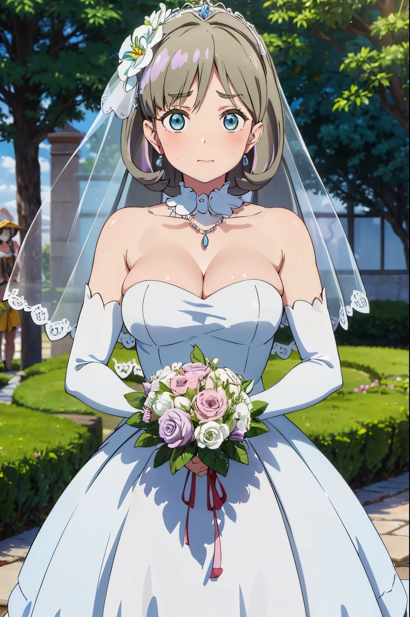  beautiful bride,Gurwitz,(large breasts:1.5),pillory，Head flail，hand flail，flail，(bridal veil:1.5），（Transparent short veil：1.5）,Blushing face，Head flower，headgear，，（tube top wedding dress：1.5），（silk dress：1.2）,（strapless wedding dress：1.5）,pure white dress，necklace，earrings，