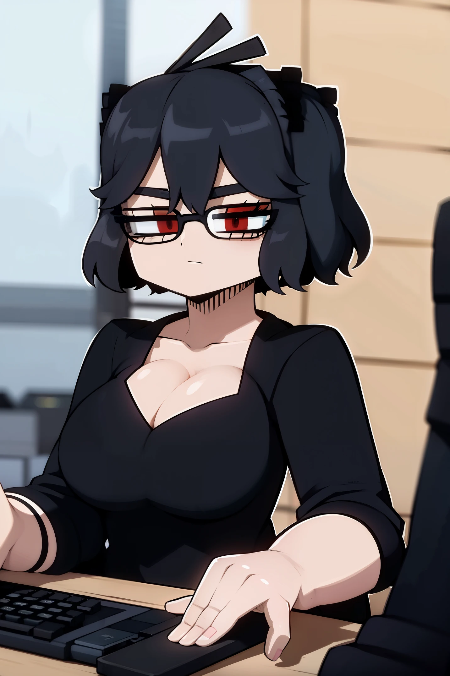 light black hair, black sweater, hacker, eyeglass, computer, cute