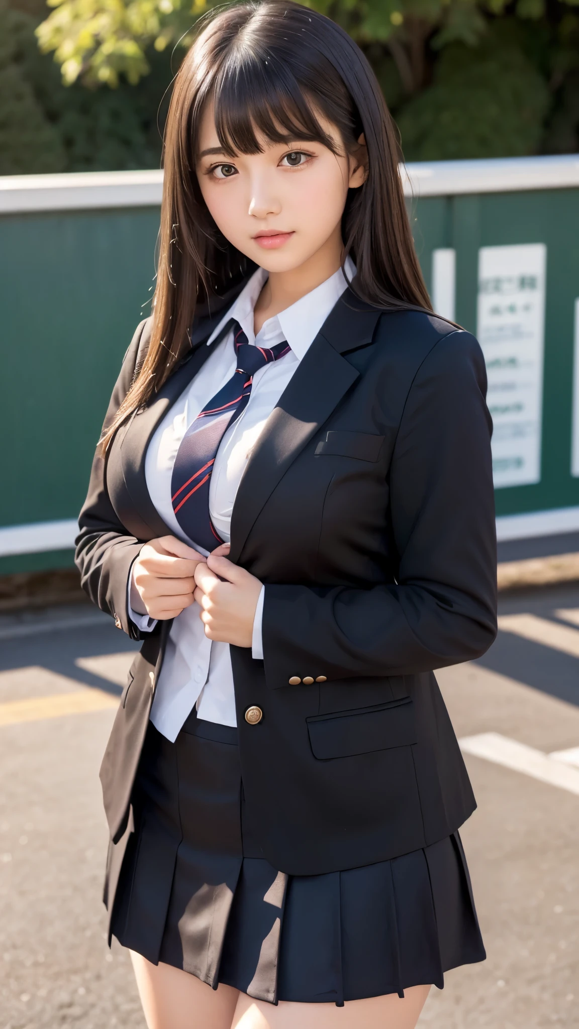 ((best quality)), ((muste piece)), (detailed breasts), (highlight), perfect face、Young girl highlighting large breasts with detailed face、Long, thick, glossy, beautiful black hair with blunt bangs、solid color background、Standing student council president wearing blazer and miniskirt school uniform Japanese high school girl