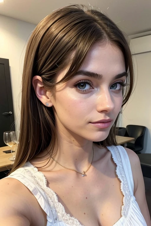 Belle fille, Marron_eyeeautiful mince adolescente de 18 ans, cheveux color [Brown highlights cheveux], [Pixie undercut] cheveux)), boucles d’oreilles, lèvres, Réaliste, taille étroite, charmant, pink lèvrestick, maquillage coloré, Cils longs, boucles d’oreilles, porter de l’eye-liner, peau claire, (mignon), (face détaillée), Yeux détaillés, Iris détaillé, corp magnifique, corps athlétique, abdominaux prononcés sur l&#39, montre ses jambes, danse , bois un verre , café , croissant à table
