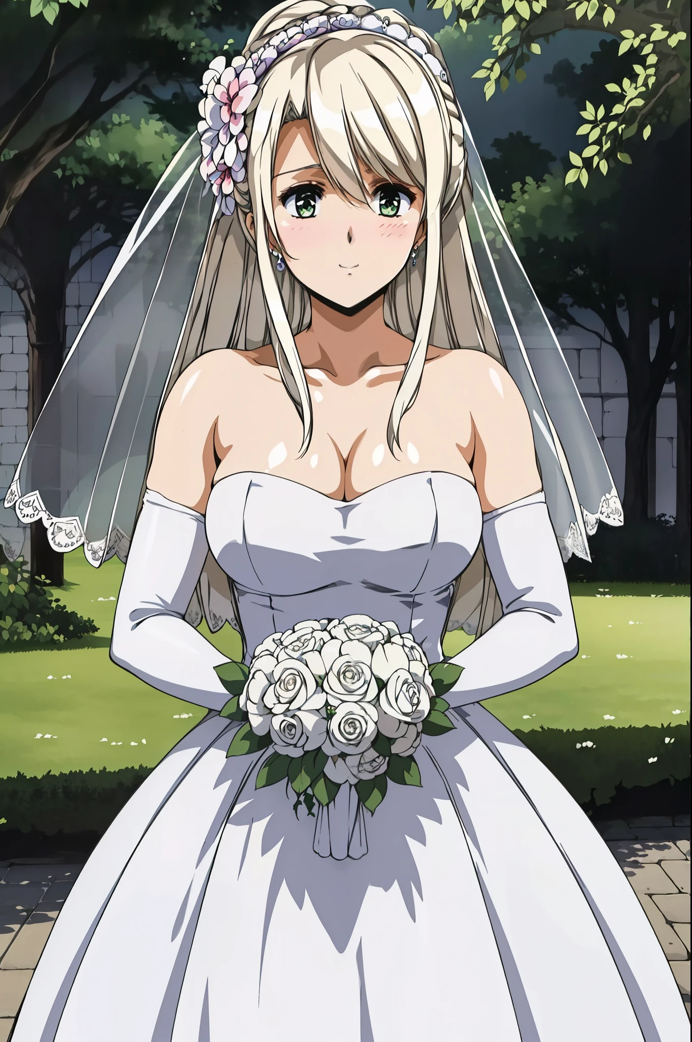 blonde hair,green_Eye,long_hair,hair_ribbon,hair_between_Eye,Bangs,
Close-up of beautiful bride wearing beautiful wedding dress,Gurwitz,(bridal veil:1.5),(Transparent short veil:1.5),Blushing face,Head flower,headgear,(tube top wedding dress:1.5),(Silk dress:1.2),(Strapless wedding dress:1.5),pure white dress,necklace,earrings,(large breasts:1.3),Deep V peach heart collar wedding dress,Bangs,lipstick,(lace gloves:1.3),whole body照,High detail RAW color art,Long white dress,whole body,Place your hands behind your back,