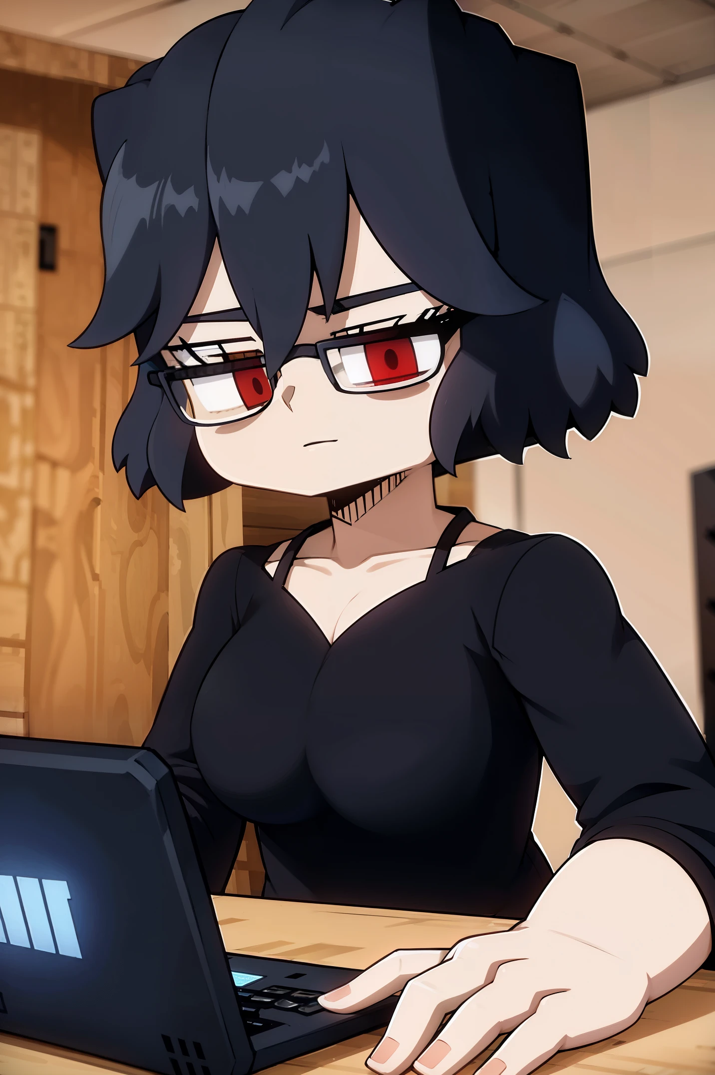 light black hair, black sweater, hacker, eyeglass, computer, cute