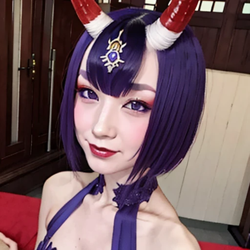 Shuten Douji, forehead horns, purple short hair 