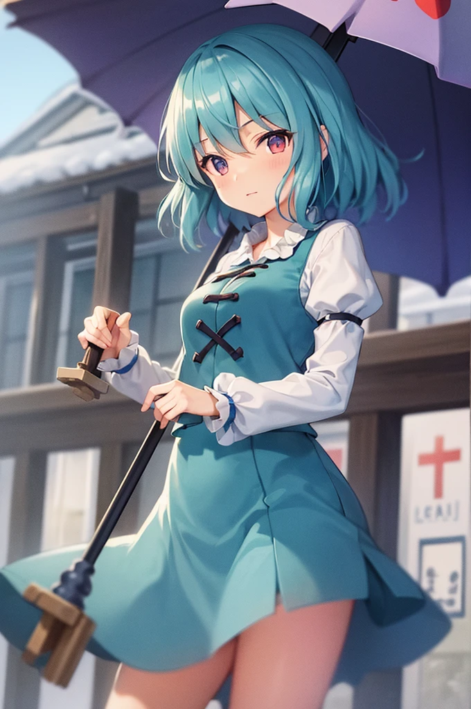 ((best quality)), ((masterpiece)), (detailed), perfect face, Kogasa Tatara, Touhou Project, 1girl, winter, snow, japan, left blue eye, right red eye, outside of a store, holding an umbrella