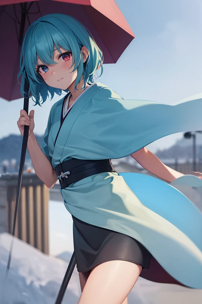 ((best quality)), ((masterpiece)), (detailed), perfect face, Kogasa Tatara, Touhou Project, 1girl, winter, snow, japan, left blue eye, right red eye, outside of a store, holding an umbrella