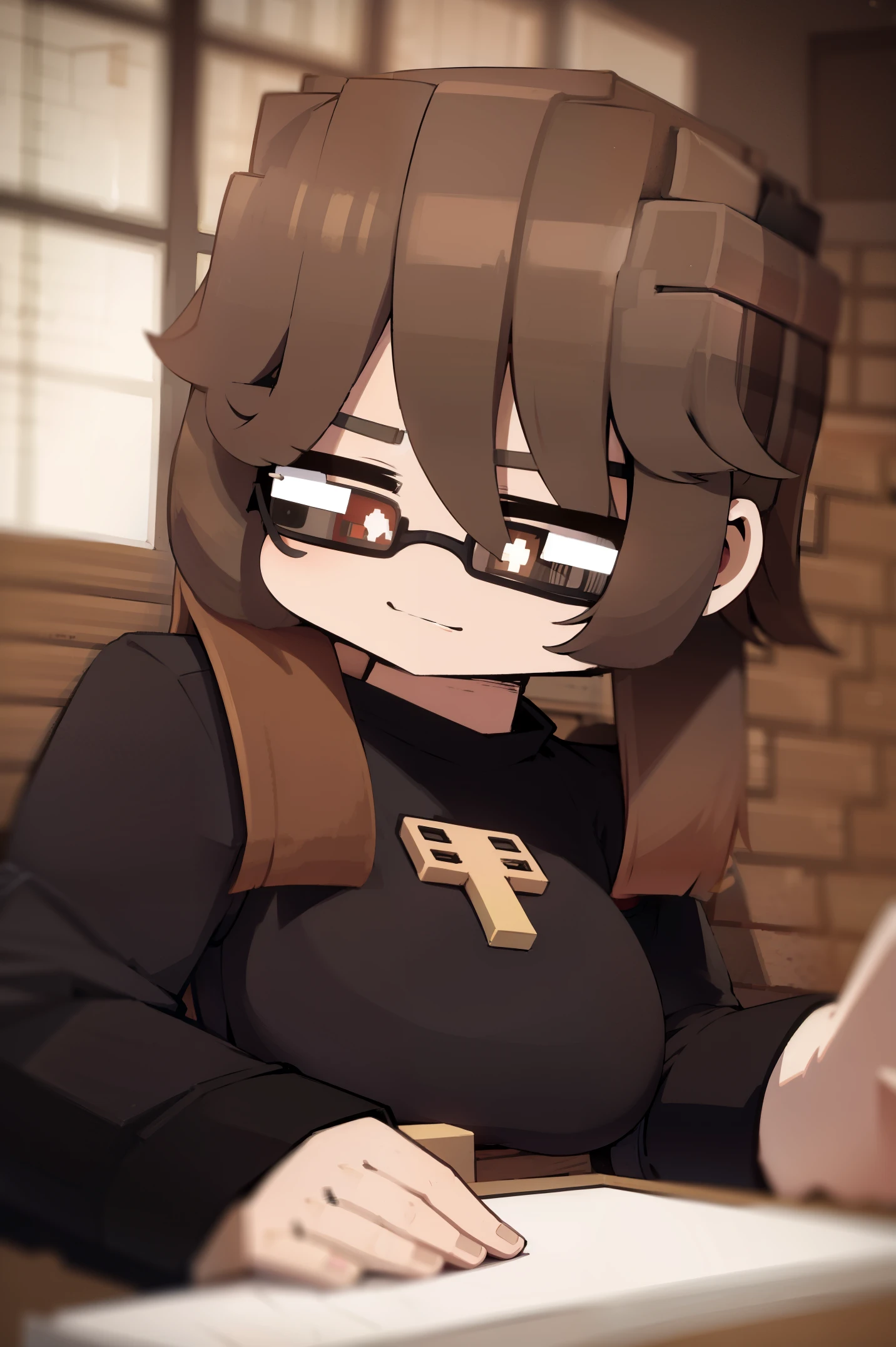 light brown hair, black sweater, hacker, eyeglass, computer, cute