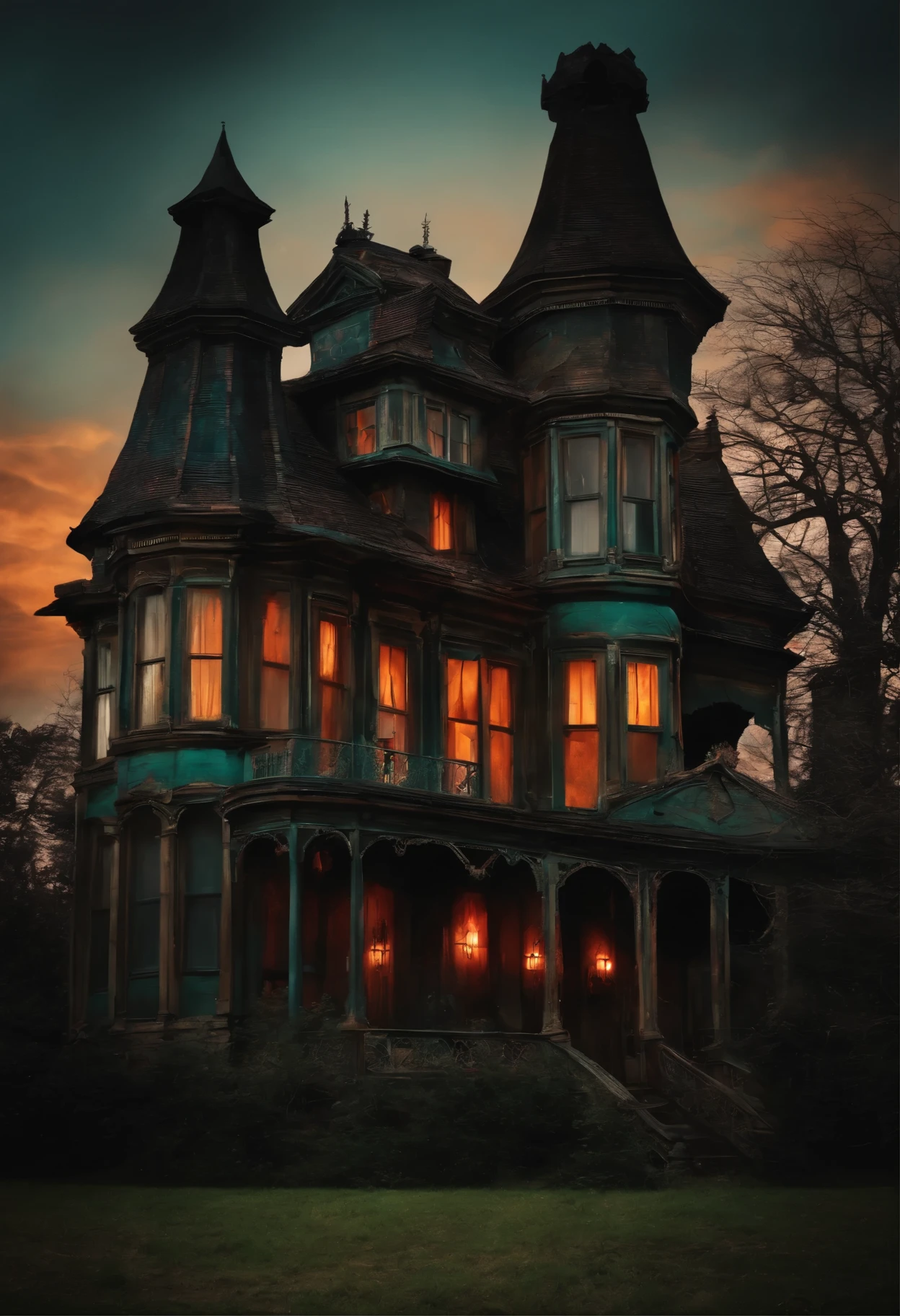 Old creepy haunted house and scary people in the windows.