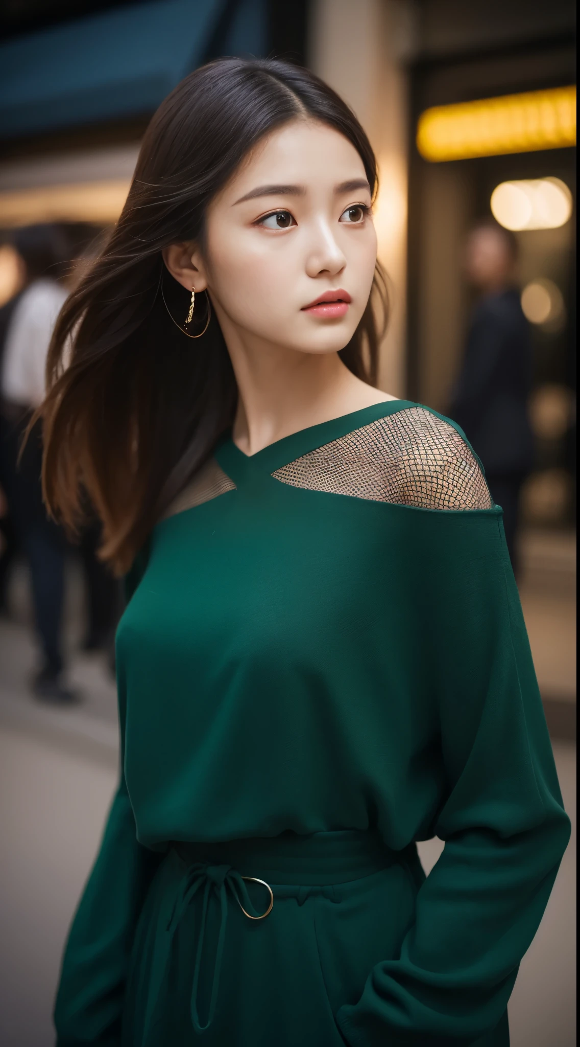(8K resolution,Photos above the thighs,Landscape close-up photo),(1 female,20-year-old,((Taimin's facial features:1.8,delicate face,detailed face),(long ponytail hair),elongated bangs,confused eyes,mouth slightly open),fair and smooth skin,(optimal skin type:1.21),Seductive curves,((Off-shoulder crewneck jumpsuit),(black color,Openwork mesh)),elongated earrings,Roman shoes,With a petite body,(Model walking on the road,hands placed in nature),delicate artwork,perfect hands,ultra-fine clothing material),(Noise in the city々Shishi pedestrian street,night background,deep perspective,Exquisite environmental details),(professional lighting,dynamic lighting),((color is uniform,(green,black in color))),(golden section,cinema lens,Hasselblad Photos,master piece:1.3),(The art of culture,fashion art,trendsetter,artist,art platform)