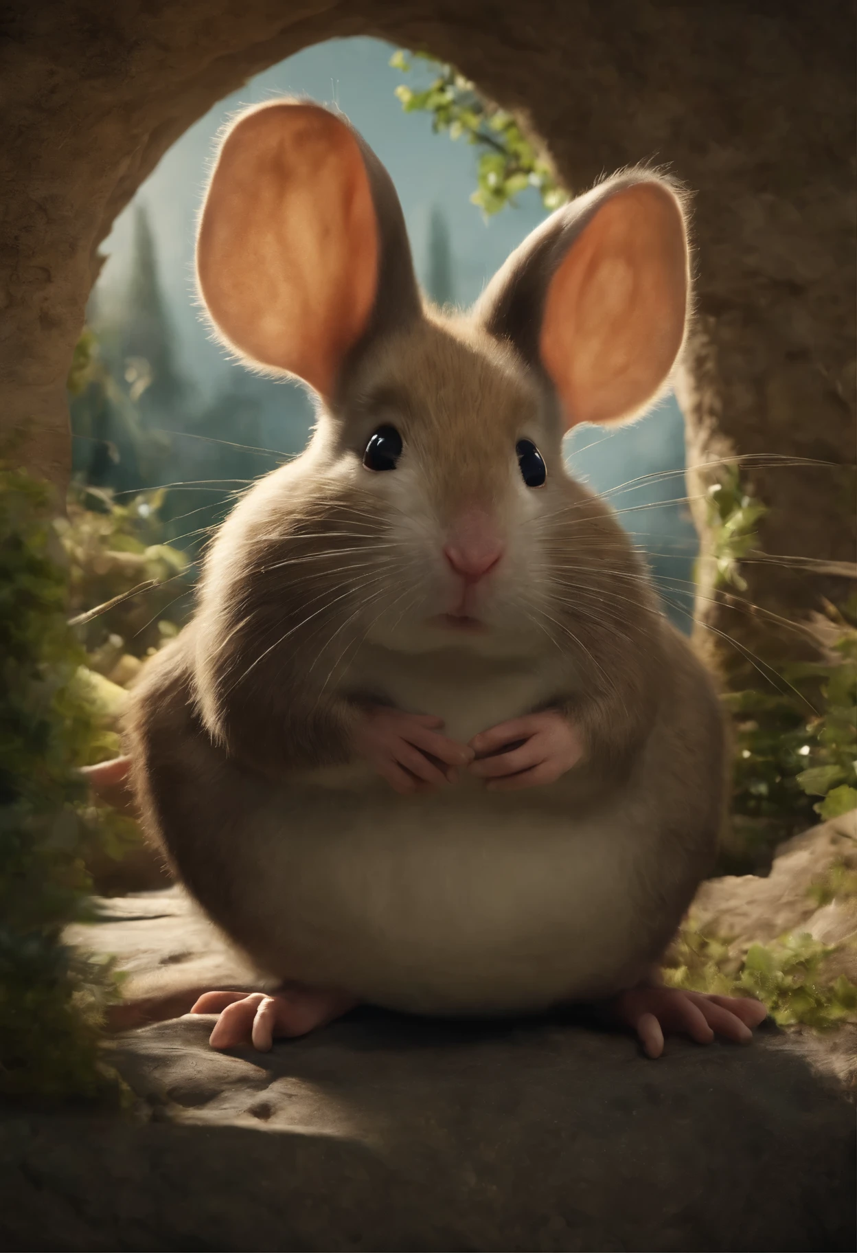 a mouse sits on a stone, happy big chungus, big chungus, big chungus meme, Anthropomorphic mouse, chinchilla animal, charming digital painting, big chungus boss, Hyper-realistic render, Mouse body, cute 3D rendering, Pixar rendering, Pouting gaze :: octane number, Cute Pokemon Mouse
