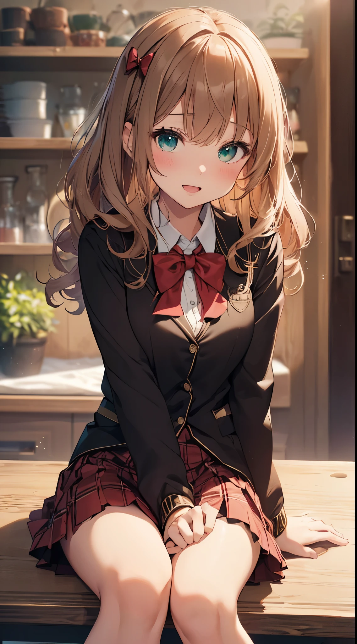 ((on the table, best quality, high resolution, north african free trade area, pixel perfect, depth of field, 4K, north african free trade area, north african trade zone))), 1 girl in, single, alone, beautiful anime girl, beautiful art style, anime characters, ((long hair, Bangs, dark brown hair, curls:0.8)), ((green eyes:1.4, delicate eyes, beautiful eyes, perfect eyes,Curly eyelashes, realistic eyes)), ((Detailed face, blush:1.2)), ((smooth texture:0.75, Realistic texture:0.5, Anime CG style)), medium, dynamic angle, plump, Perfect body, dynamic poses, ((red bow tie, Uniforms, black jacket, open jacket, Brown cardigan, White shirt, black skirt, Plaid skirt)), Smile, open mouth, Put your arms behind your back, lean forward, amment park, ((close up, Throw, Lovely, cum on face))