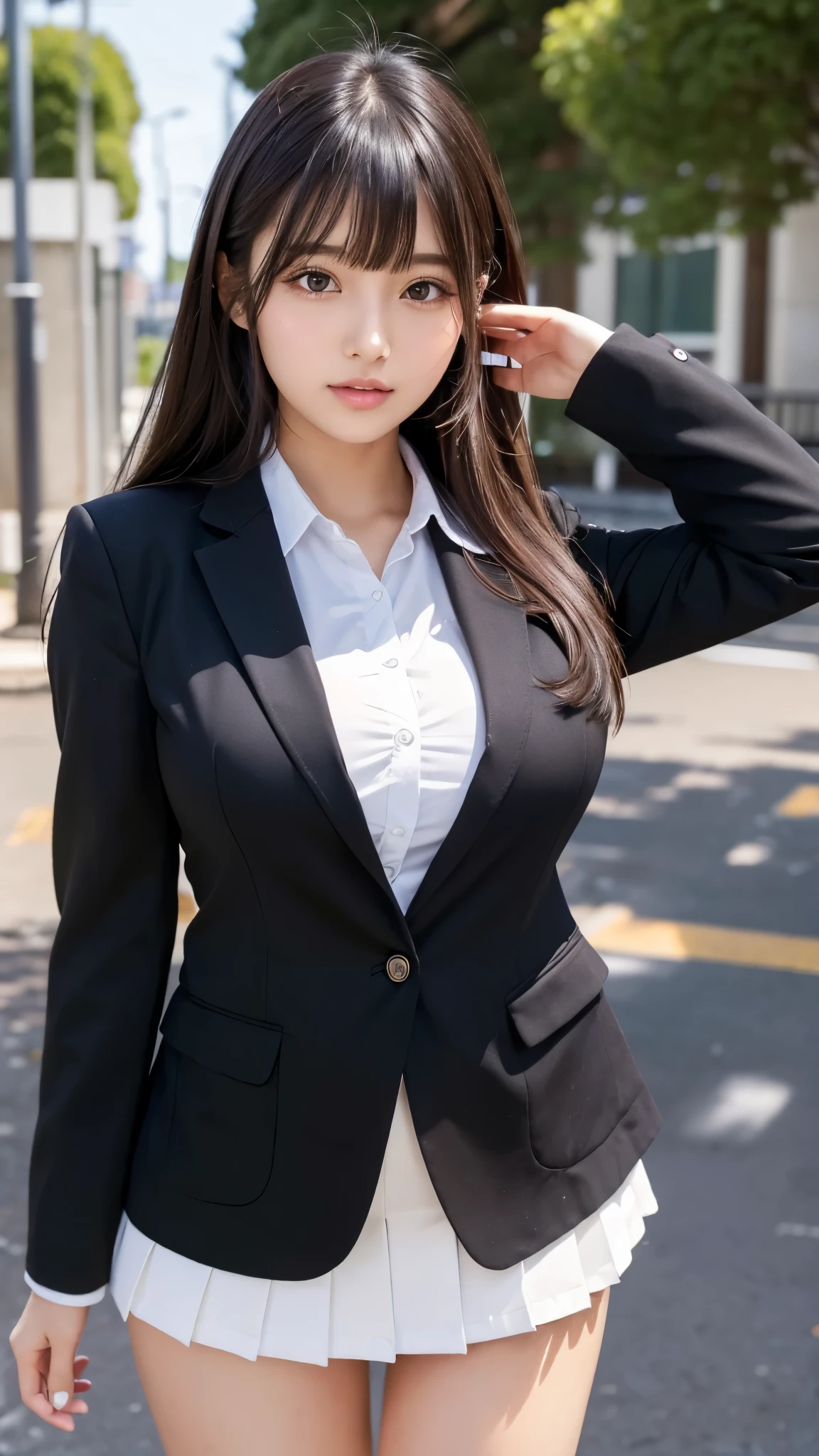 ((best quality)), ((muste piece)), (detailed breasts), (highlight), perfect face、Young girl highlighting large breasts with detailed face、Long, thick, glossy, beautiful black hair with blunt bangs、solid color background、Standing student council president wearing blazer and miniskirt school uniform Japanese high school girl