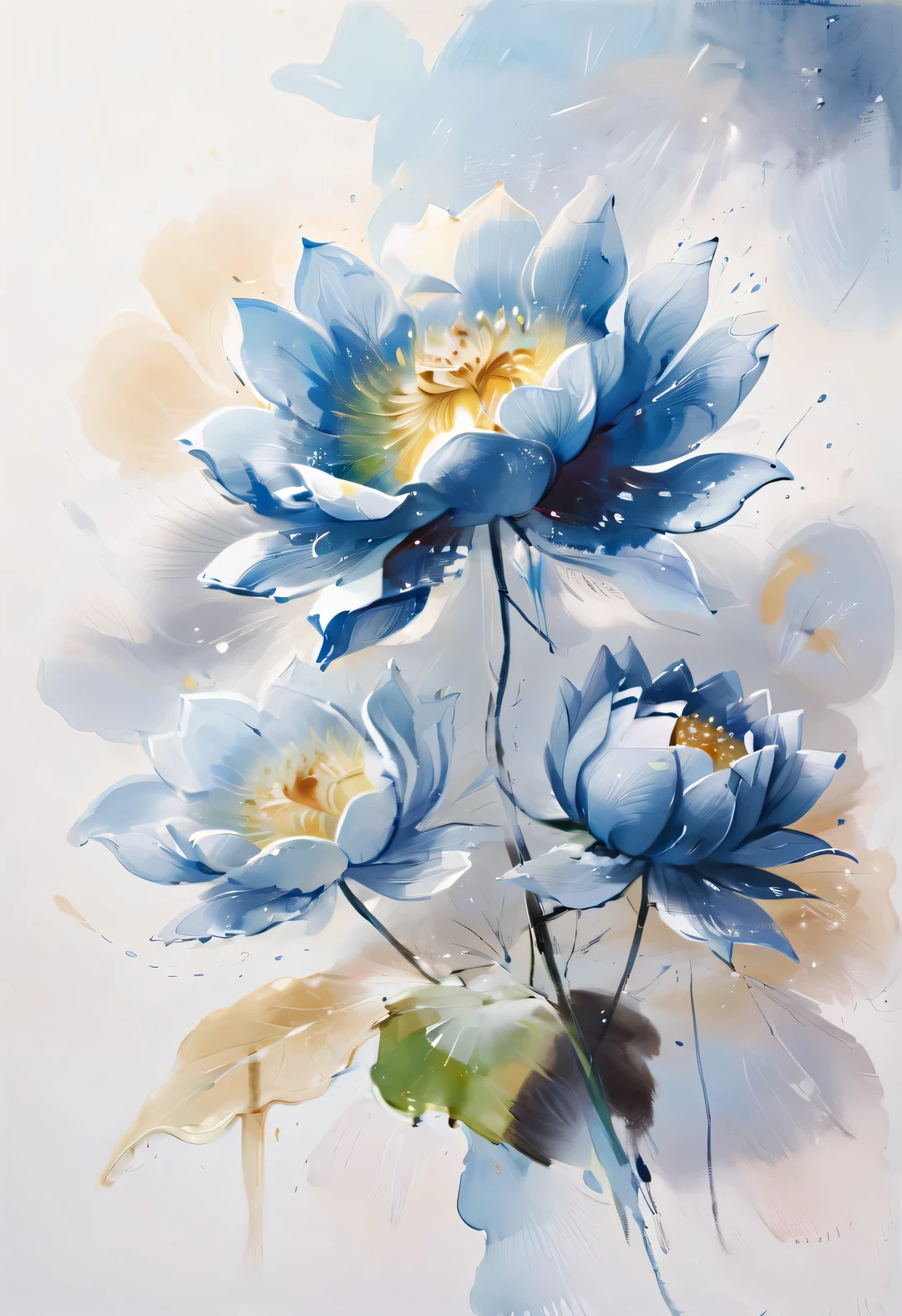 lotus, Desmond Morris style, detailed,Beautiful blue rose watercolor painting, pastel colors, White background, 8k, watercolor painting, splash, Pixel, author：Alexey von Jawlensky, author：Shinkawa Yoshi, Popular on Artstation - ar 2:3-- v4-- v4