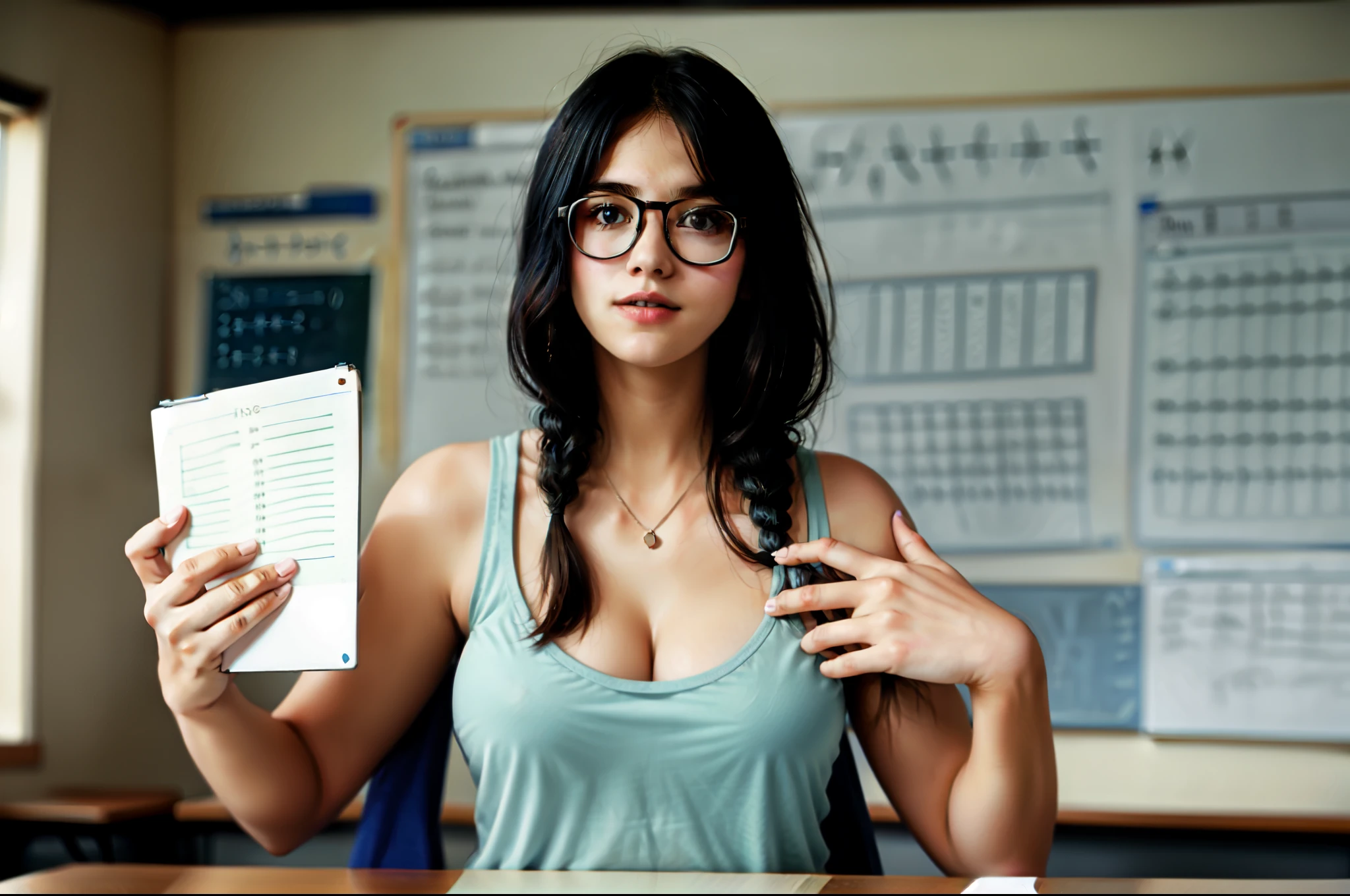 a woman in a blue tank top is standing in front of a whiteboard, in a classroom, ((25 years old, German)), saggy breasts, small breasts:0.3, natural breasts, long hair, ((emo_hairstyle:1.3)), dark chestnut hair, she wears red glasses, teacher, teaching, mathematics and geometry, in a school classroom, mathematics, math equations in the background, professor calculus, mathematics unifying science, intermediate art, full subject, standing in class, math equations, center of image, math inspired, chemistry, maths