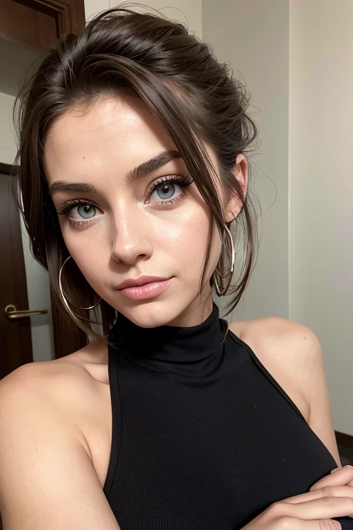 Belle fille, Marron_eyeeautiful mince adolescente de 18 ans, cheveux color [Brown highlights cheveux], [Pixie undercut] cheveux)), boucles d’oreilles, lèvres, Réaliste, taille étroite, charmant, pink lèvrestick, maquillage coloré, Cils longs, boucles d’oreilles, porter de l’eye-liner, peau claire, (mignon), (face détaillée), Yeux détaillés, Iris détaillé, corp magnifique, corps athlétique, abdominaux prononcés sur l&#39, pied ,à quatre patte 