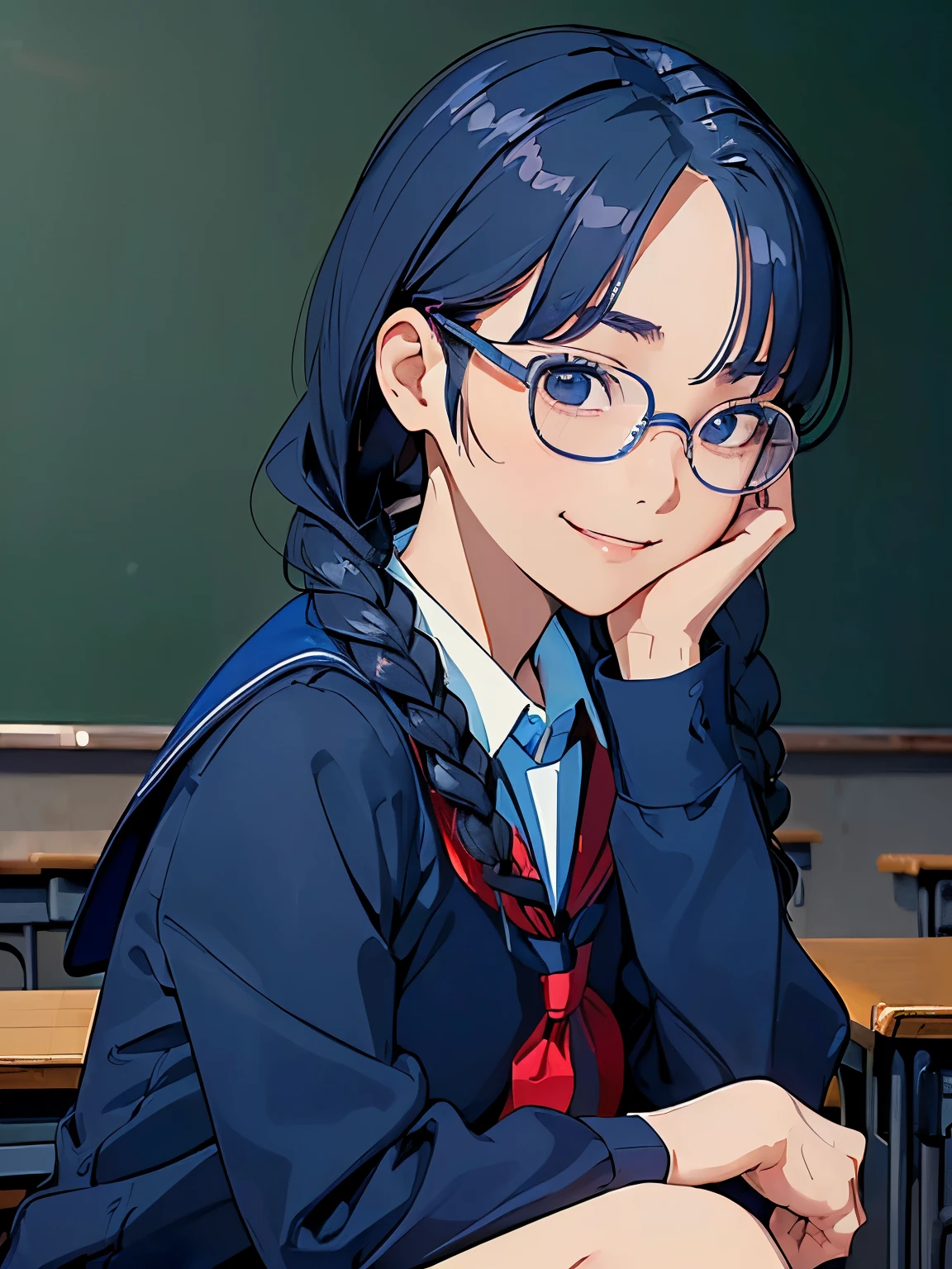 (((masterpiece))) ((( background : school theme : students : in classroom ))) ((( character : Lee Ji Eun : fit body : small breast : single braided hair : nerd : wearing glasses : school uniform dark blue theme : sitting : shy smile )))