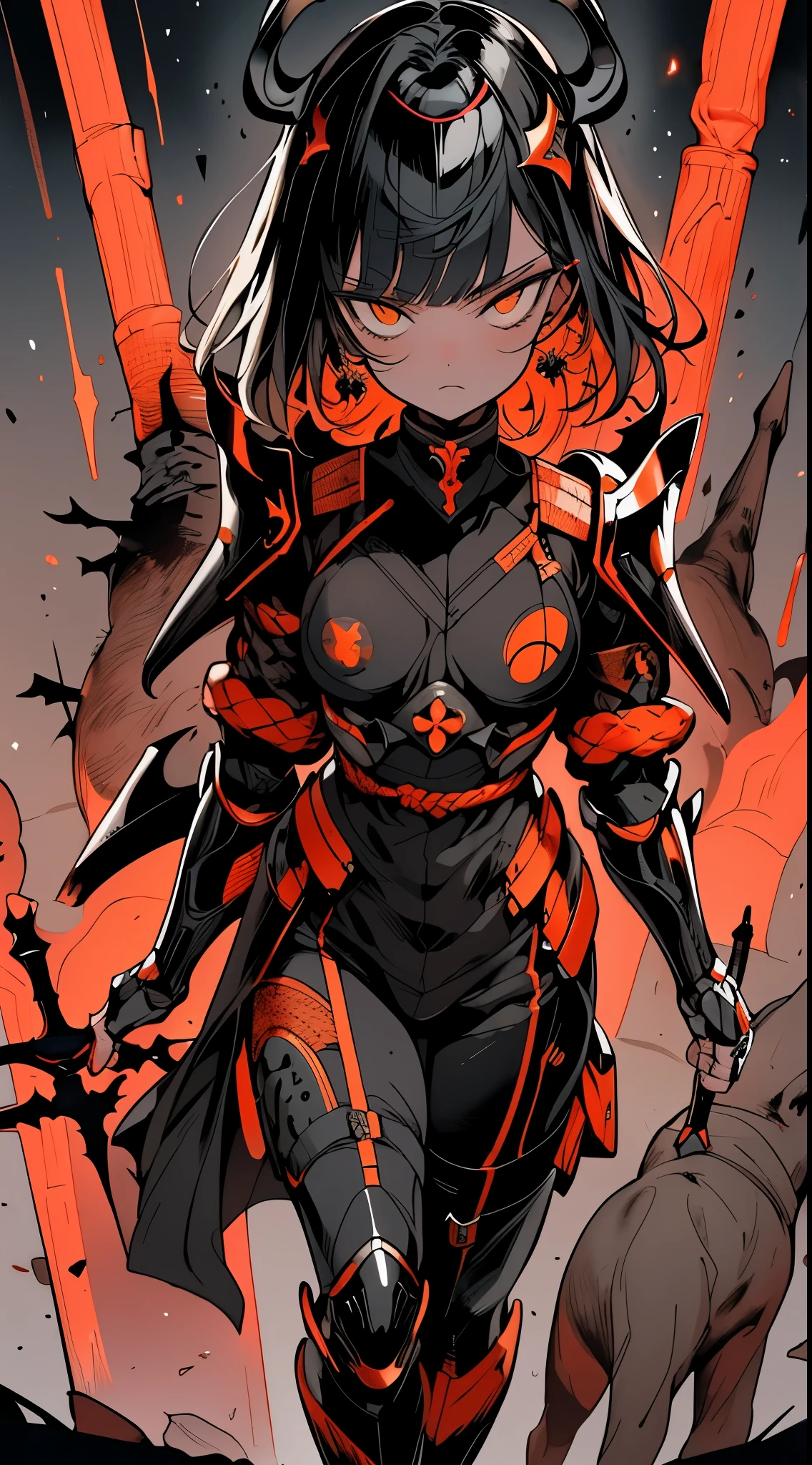 "Create a surreal and detailed image of a futuristic warrior in full body armor. Armor must be smooth and black, Adopts a matte finish and split plate for ease of movement..., Reminiscent of modern tactical equipment fused with ancient ninja costumes. Helmet must completely cover the face, Features a visor that hints at advanced technology. 。The contrast between the dark suit and the red and orange colors stands out... In the background, A magnificent gate stands out, Decorated with intricate designs and luminescence。, A circular emblem with a soft glow. And yet'It's quiet、An atmosphere of immeasurable strength, evoke the calm before the storm."