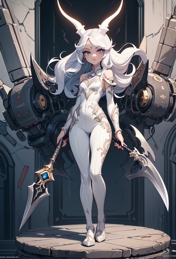 (detailed illustrations,Very detailed and precise drawing,Delicate drawn lines with tempo,Realistic texture expression),[color traced main line],(Fantasy World Battlefield Background [burning castle]),(GIRL ROBOT 15yo (White Devil [METALFACE[clear lenticular iris]] (SKINNY)) [WEAPON MACHINE][milky],[BODY with EDGE [Transparent material]],[use an ax as a weapon],[[Mobile Weapon Gigant Size][science fiction mechanical]],(Pearl white luster on the body surface),(intricate and beautiful decoration [Dense detail]),(Precisely drawn face)[perfect eye details(Beautifully detailed iris)[eyes like jewels]],[long and beautiful eyelashes],[precisely drawn hair [Beautiful and shiny hair details]],(perfect hand details [Beautiful fingers with no damage [beautiful nails]]),(perfect anatomy(perfectly balanced proportions))[[full body portrait]],[ideal color coordination(Accurate simulation of light and material interactions)],[Visual art that tells a story].