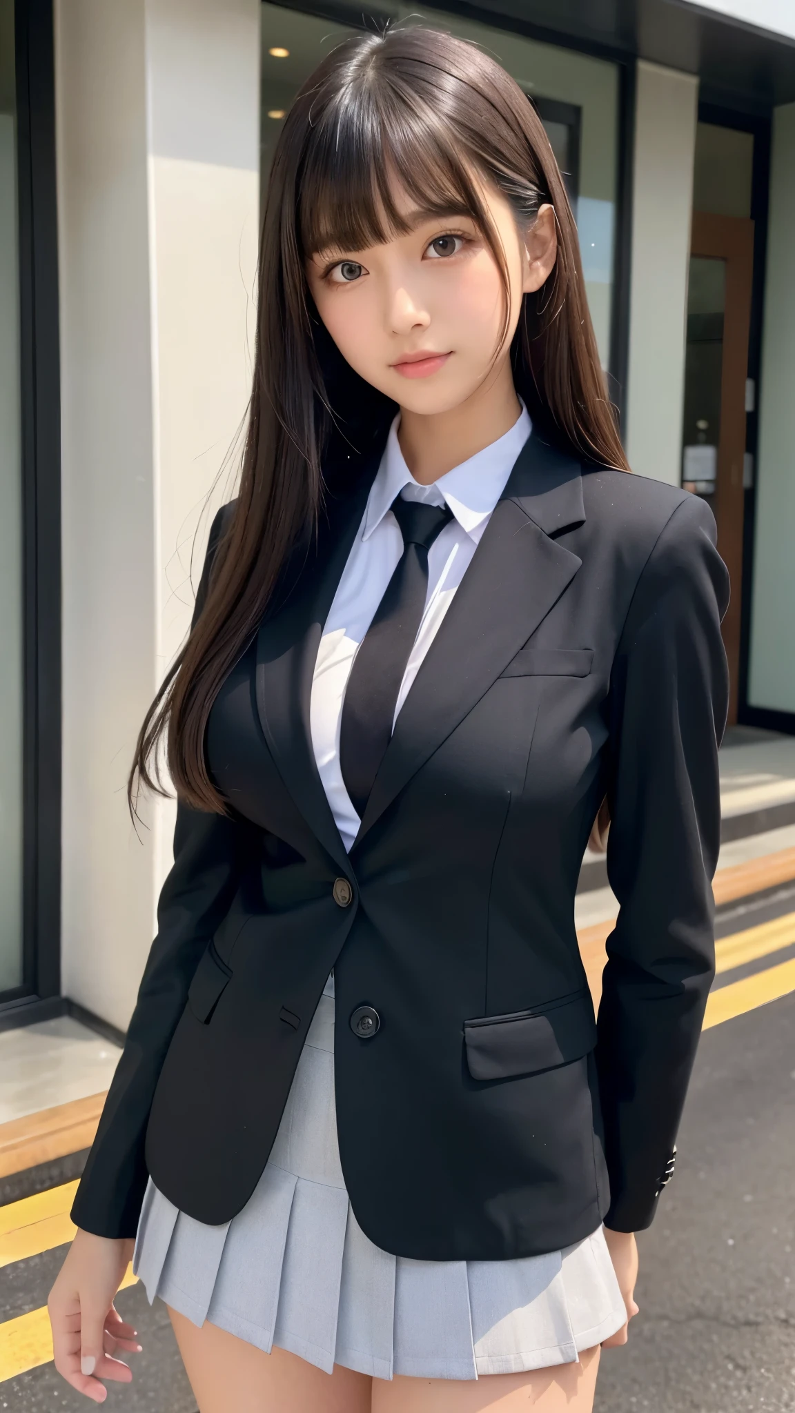 ((best quality)), ((muste piece)), (detailed breasts), (highlight), perfect face、Young girl highlighting large breasts with detailed face、Long, thick, glossy, beautiful black hair with blunt bangs、solid color background、Standing student council president wearing blazer and miniskirt school uniform　Japanese high school girl 