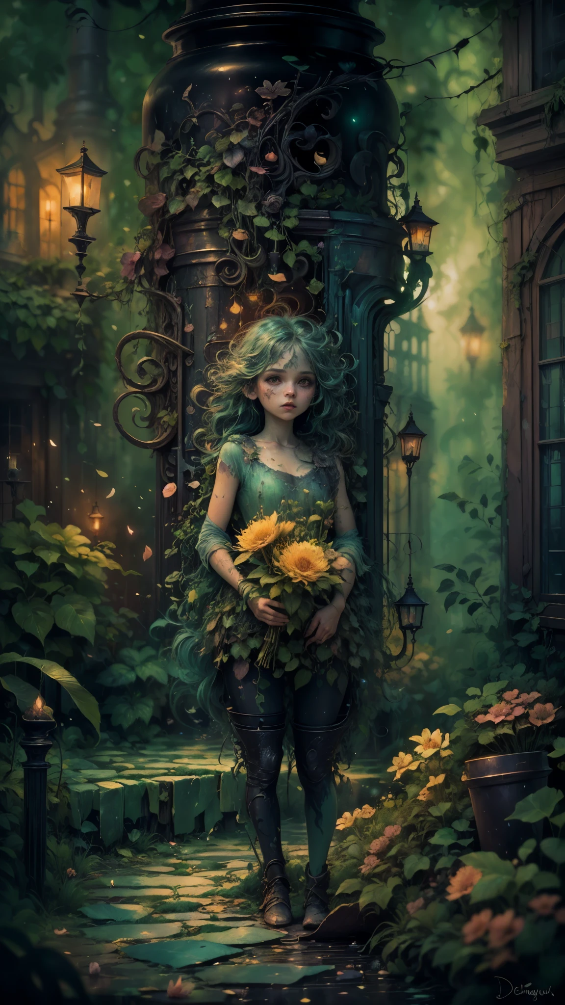 (a tiny) humanoid creature, (holding firmly) a bunch of flowers, watercolor, dark gritty, street, fantasy, (best quality, 4k, highres, masterpiece:1.2), ultra-detailed, (realistic:1.37), vivid colors, (moody lighting), (magical atmosphere), (cobblestone road), (mysterious shadows), (fantastical architecture), (enchanted surroundings), (whimsical elements), (misty aura), (intricate details), (emotionally expressive face), (unique character design), (lush foliage), (overgrown vines), (ethereal glow), (fallen petals), (contrast between light and dark), (captivating atmosphere), (heartwarming scene), (playful energy), (curiosity and wonder), (texture of the flowers), (impressionistic brushstrokes), (dreamlike charm), (sense of mystery), (gritty urban setting), (imaginative world), (dramatic composition), (expressive lines), (exquisite colors)