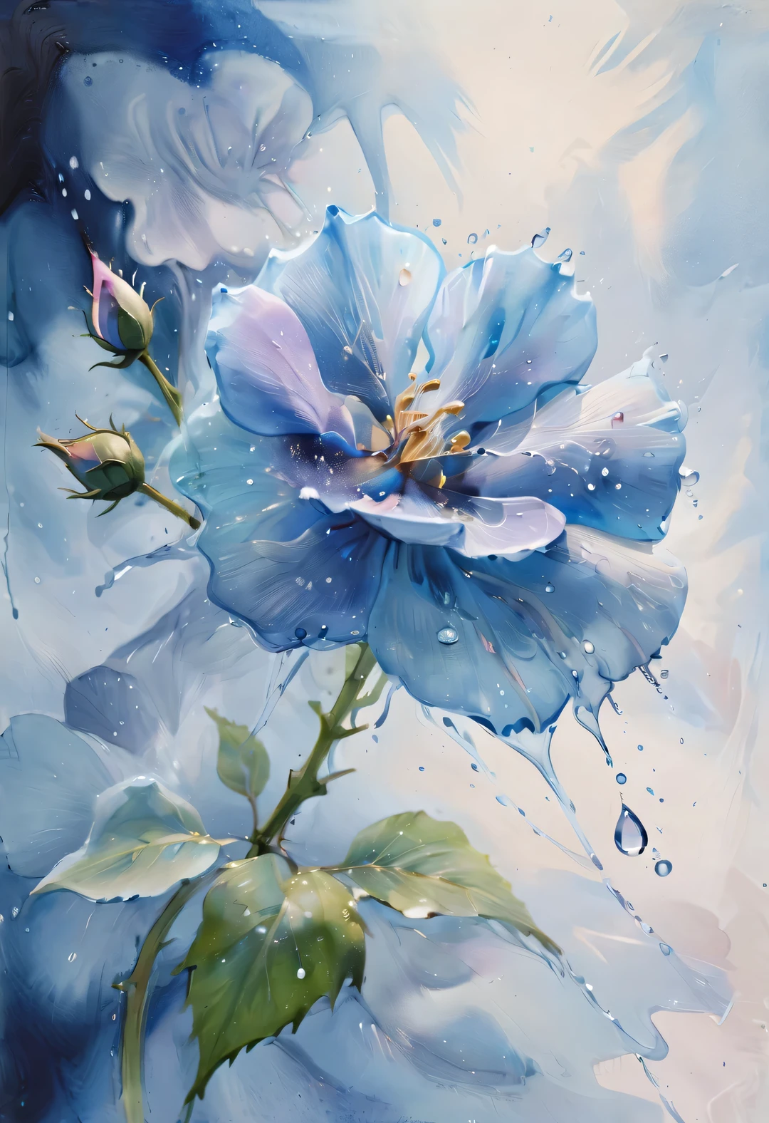 (A watercolor painting of blue dewdrops falling on a blue fairy rose), are clear and unambiguous, background blur, reality-v4