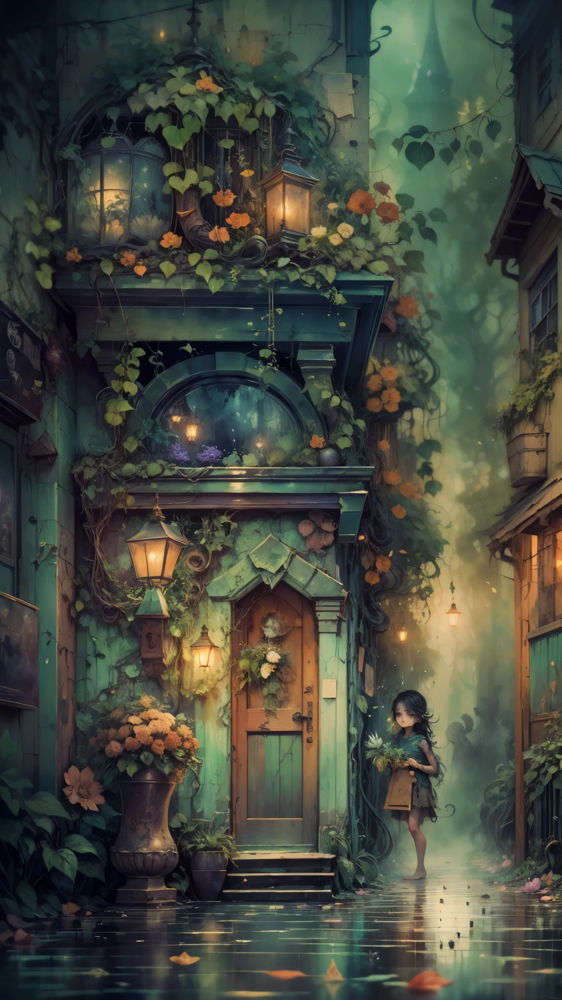 watercolor art,(a tiny) humanoid creature, (holding firmly) a bunch of flowers, watercolor, dark gritty, street, fantasy, (best quality, 4k, highres, masterpiece:1.2), ultra-detailed, (realistic:1.37), vivid colors, (moody lighting), (magical atmosphere), (cobblestone road), (mysterious shadows), (fantastical architecture), (enchanted surroundings), (whimsical elements), (misty aura), (intricate details), (emotionally expressive face), (unique character design), (lush foliage), (overgrown vines), (ethereal glow), (fallen petals), (contrast between light and dark), (captivating atmosphere), (heartwarming scene), (playful energy), (curiosity and wonder), (texture of the flowers), (impressionistic brushstrokes), (dreamlike charm), (sense of mystery), (gritty urban setting), (imaginative world), (dramatic composition), (expressive lines), (exquisite colors)