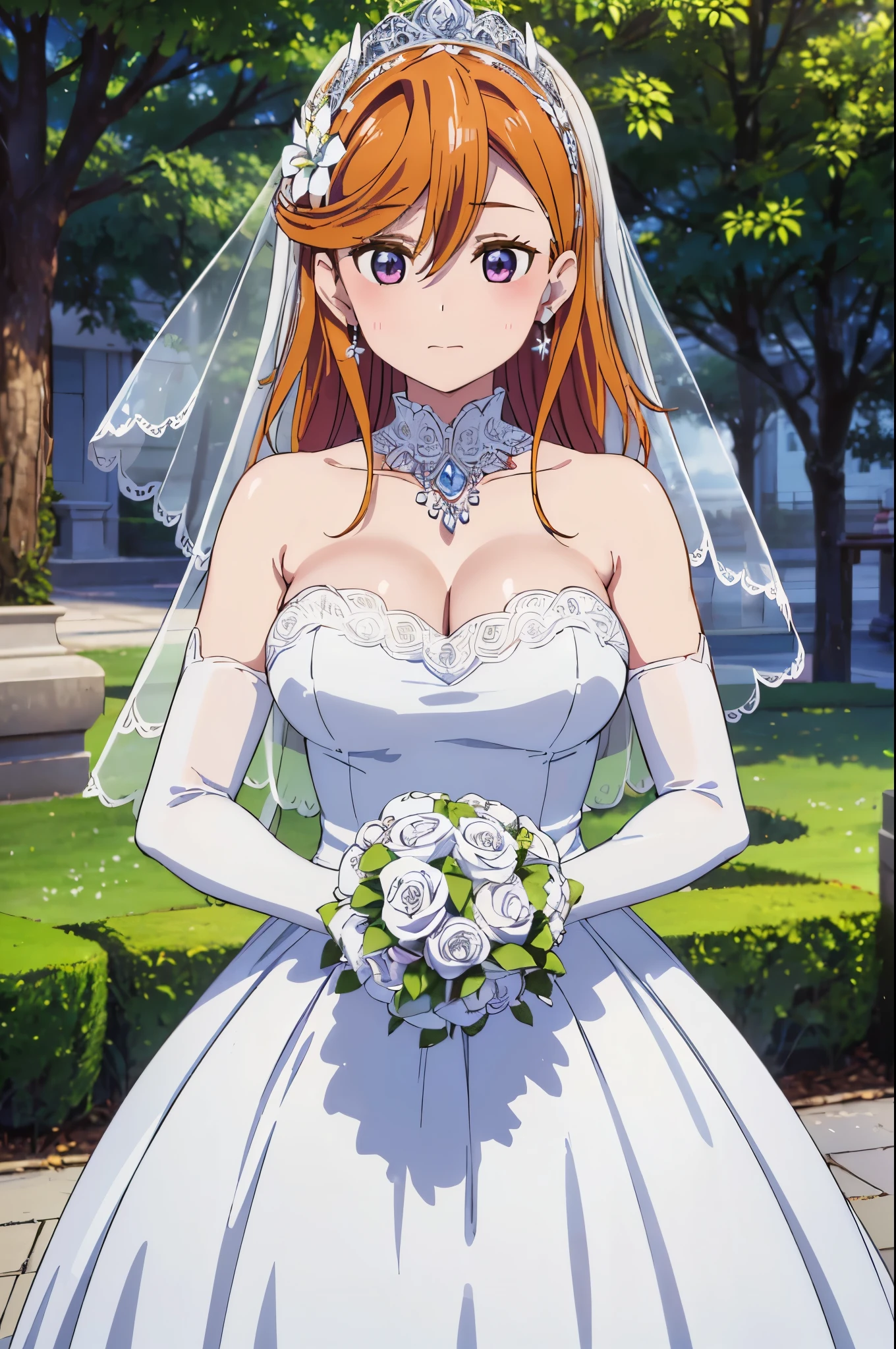 (((Pixel perfect, Perfect details))), alone, 1 girl, Shibuya Kanon,  Close-up of beautiful bride wearing beautiful wedding dress,Gurwitz,(bridal veil:1.5），（Transparent short veil：1.5），Blushing face，Head flower，headgear，（tube top wedding dress：1.5），（Silk dress：1.2）,（Strapless wedding dress：1.5）,pure white dress，necklace，earrings，(large breasts:1.3)，Deep V peach heart collar wedding dress，Bangs，lipstick，（lace gloves：1.3）,whole body照,High detail RAW color art,Long white dress，whole body，Place your hands behind your back，