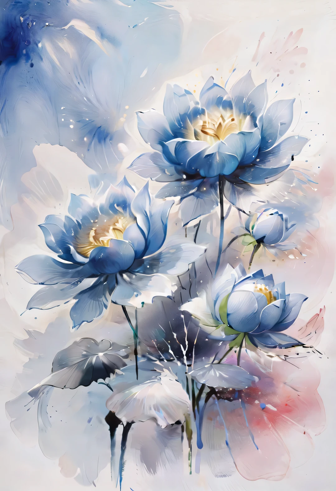 lotus, Desmond Morris style, detailed,Beautiful blue rose watercolor painting, pastel colors, White background, 8k, watercolor painting, splash, Pixel, author:Alexey von Jawlensky, author:Shinkawa Yoshi, Popular on Artstation - ar 2:3-- v4-- v4