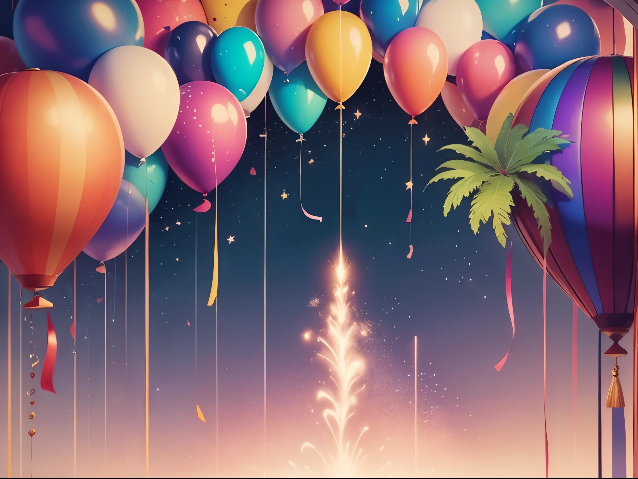 Create a birthday background wall picture surrounded by balloons, fireworks, decorations and other elements. Leave some white space in between. --auto --s2