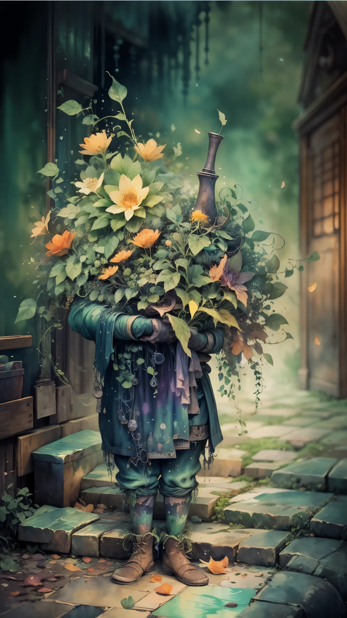 ((watercolor art)),(a tiny) humanoid creature, (holding firmly) a bunch of flowers, watercolor, dark gritty, street, fantasy, (best quality, 4k, highres, masterpiece:1.2), ultra-detailed, (realistic:1.37), vivid colors, (moody lighting), (magical atmosphere), (cobblestone road), (mysterious shadows), (fantastical architecture), (enchanted surroundings), (whimsical elements), (misty aura), (intricate details), (emotionally expressive face), (unique character design), (lush foliage), (overgrown vines), (ethereal glow), (fallen petals), (contrast between light and dark), (captivating atmosphere), (heartwarming scene), (playful energy), (curiosity and wonder), (texture of the flowers), (impressionistic brushstrokes), (dreamlike charm), (sense of mystery), (gritty urban setting), (imaginative world), (dramatic composition), (expressive lines), (exquisite colors)